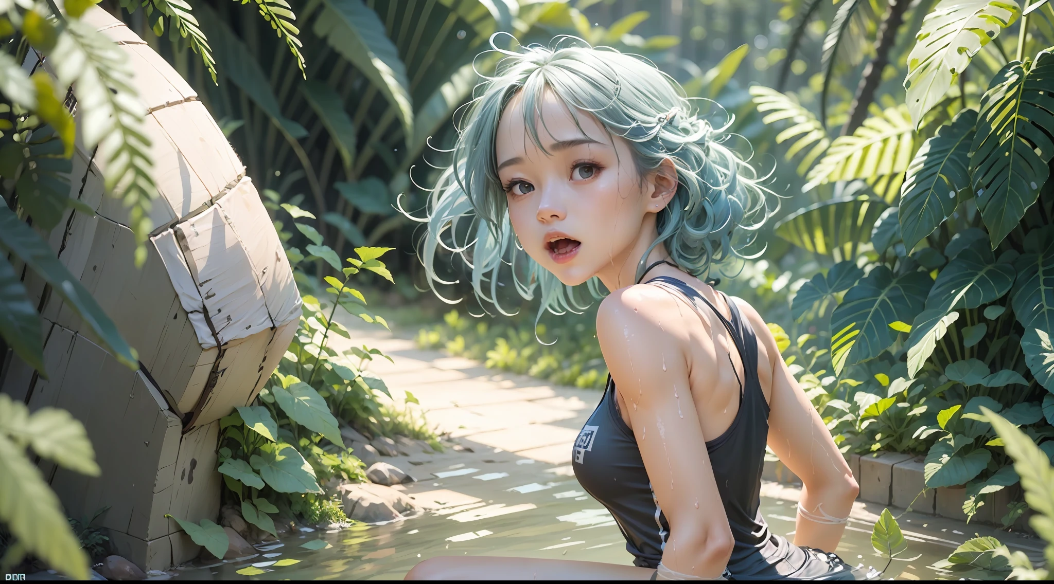(1 girl,solo:1.2), (Wet shoulder white vest), Broken shorts, Hiking bags, embarrass, dreads, The python opened its huge mouth，girl is running, A chest that conforms to the laws of physics, Tall shrubs, Shaded leaves, light blue hair, single sidelock, cinematic lighting, reflection light, dutch angle, UHD, masterpiece, anatomically correct, textured skin, super detail, high details, high quality, best quality, highres, 8k, 16k