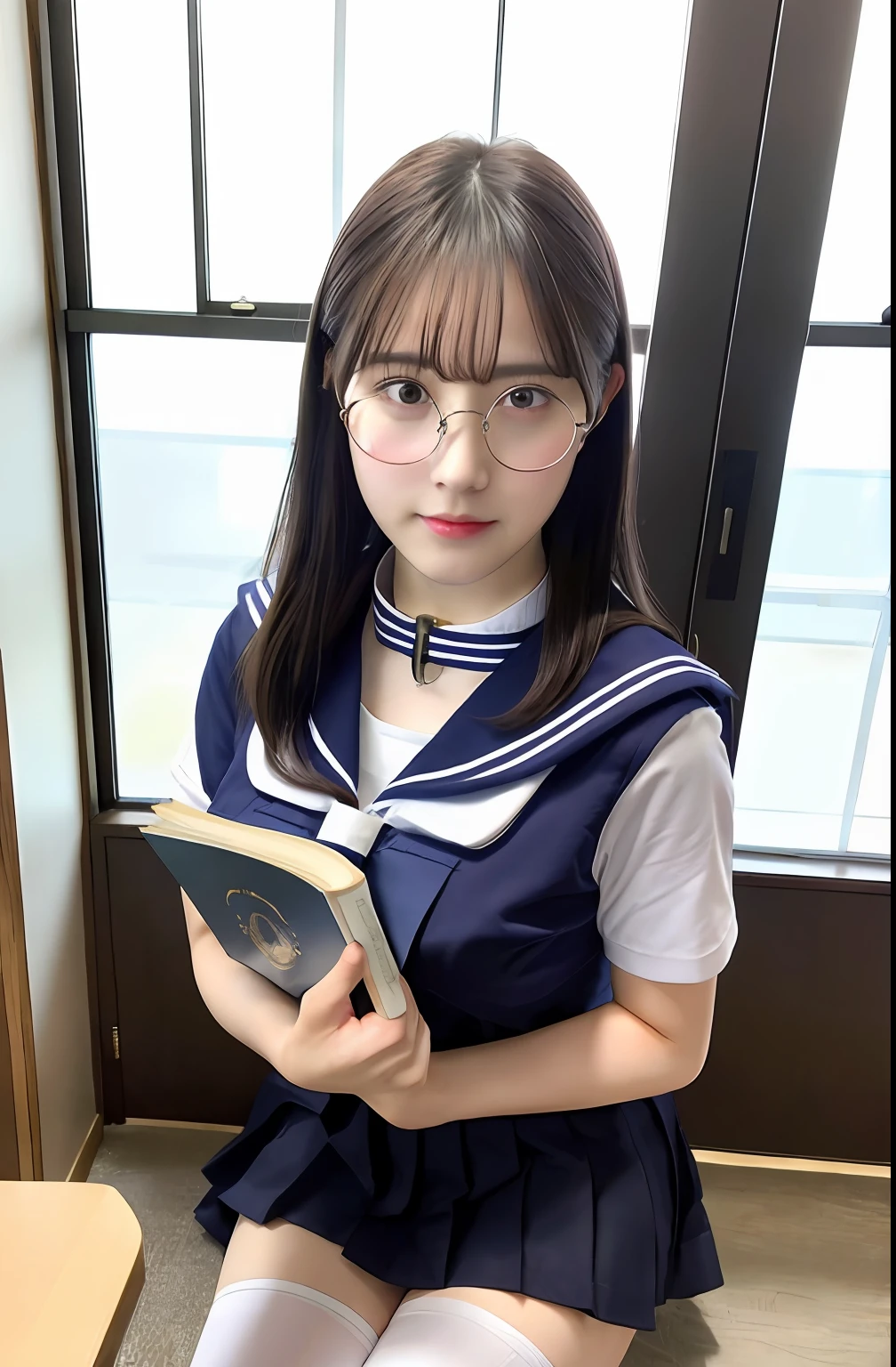((top-quality、超A high resolution))、(Photorealsitic:1.4)、cosplay foto (1 japanese girl)、hi-school girl、((bangss))、student clothes (((Sailor collar))) 、big eye、White shirt、shortsleeves、Black skirt、pleatedskirt、Black Thigh High Socks、 book library、Sunlight coming in through the window:1.3、Holding a book in your hand:1.3、Library Committee Member、Big Breast: 1.3、Blur the background:1.5、eye glasses
