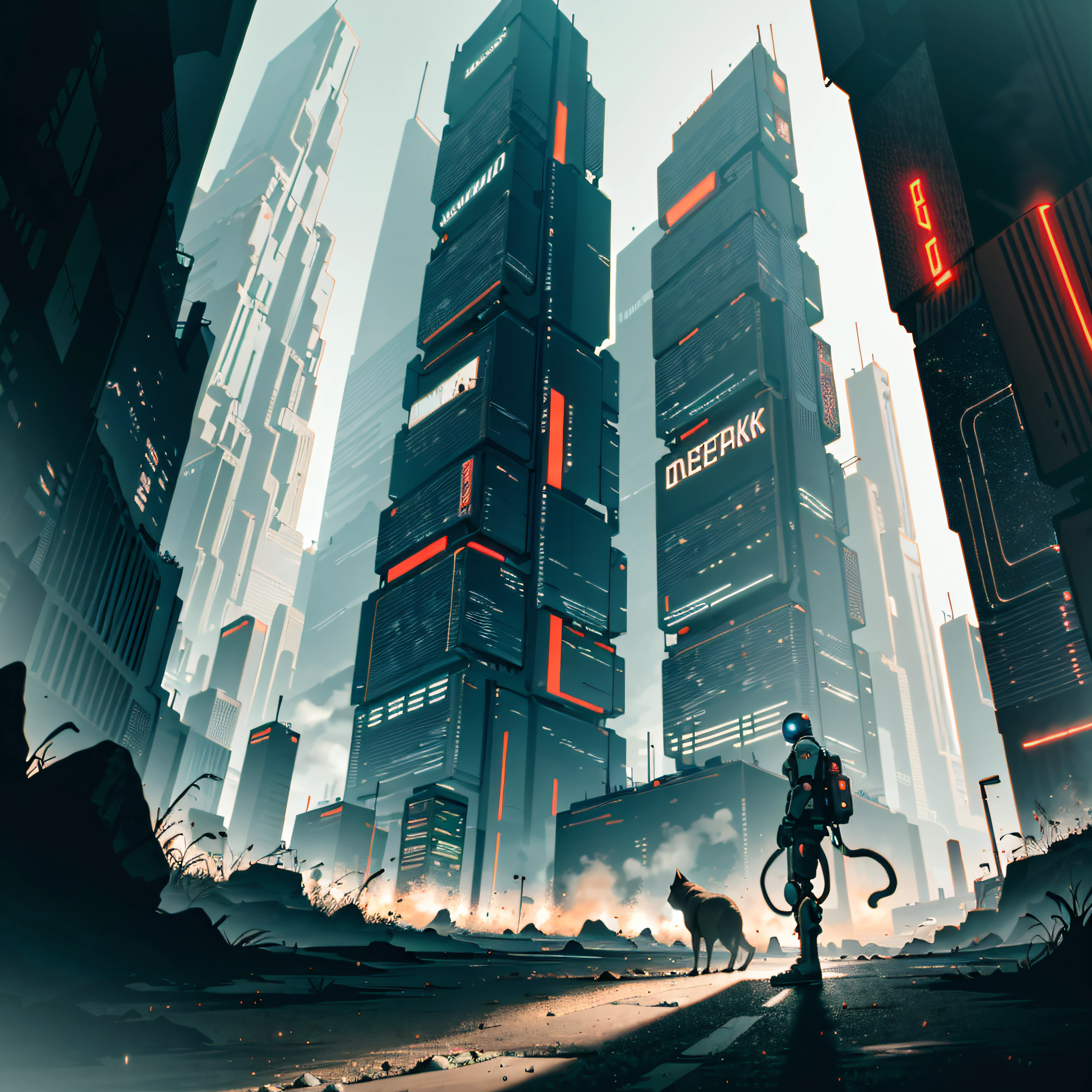 creates the image of a dystopian city of the future in the cyberpunk roadrunner style, huge monuments in the shape of apes and cats are protagonists, cinematic quality, dramatic light, in the sky the stars and alien ships, on the earth rivers of lava, acab, high definition, EVERYTHING HAS AN EXTREME QUALITY IN DETAIL, ((cyberpunk style))
