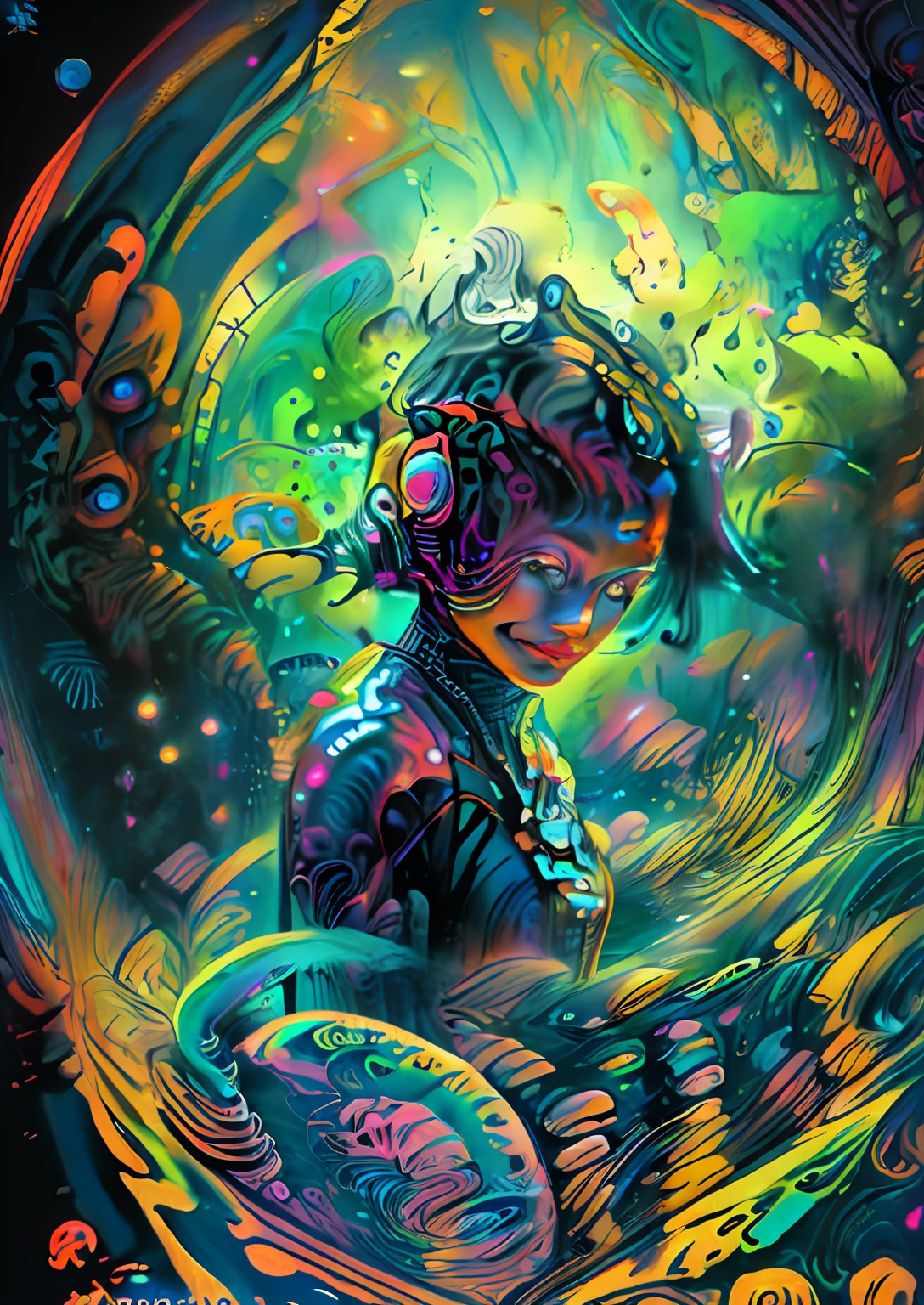 (High resolution, incredibly detailed, masterpiece), portait of a smiling dolphin ,head comes out of the water,with a galaxy shaped vortex behind ,featuring fractal geometry in (vibrant colors:0.7), set against a (galactic background:1.3), bringing together complex and psychedelic mesmerizing shapes and patterns,dmt experience,mushroom trip,soundsystem,speakers,starlight