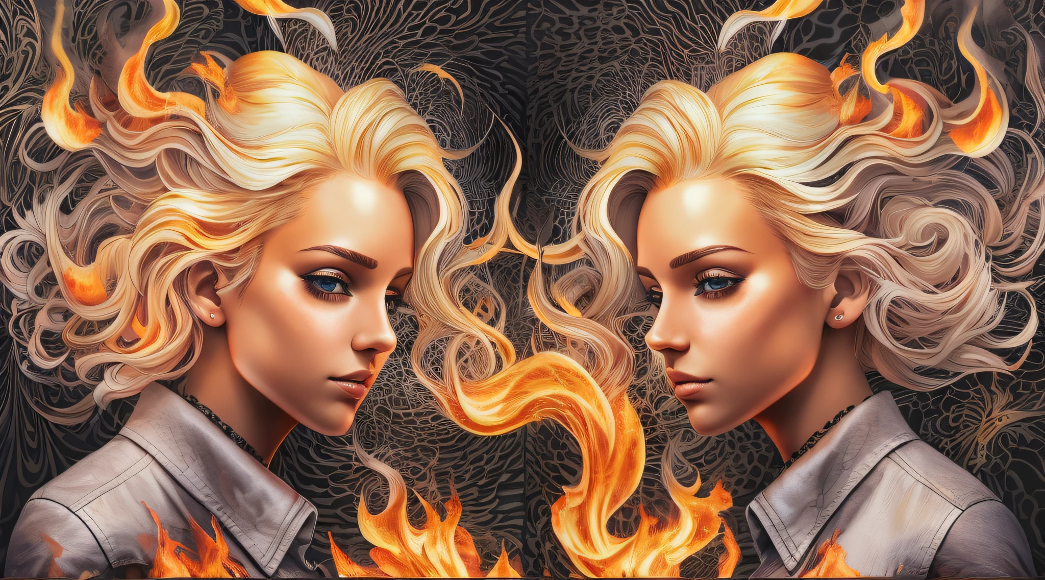 Blond-haired triplets, jaquetas de couro E ROUPAS DE PRATA, [Vetor abstrato Allipcart] textura de fogo, ondas de calor, smoke billowing, Huge Fire Pattern [Arte Digital 4K]