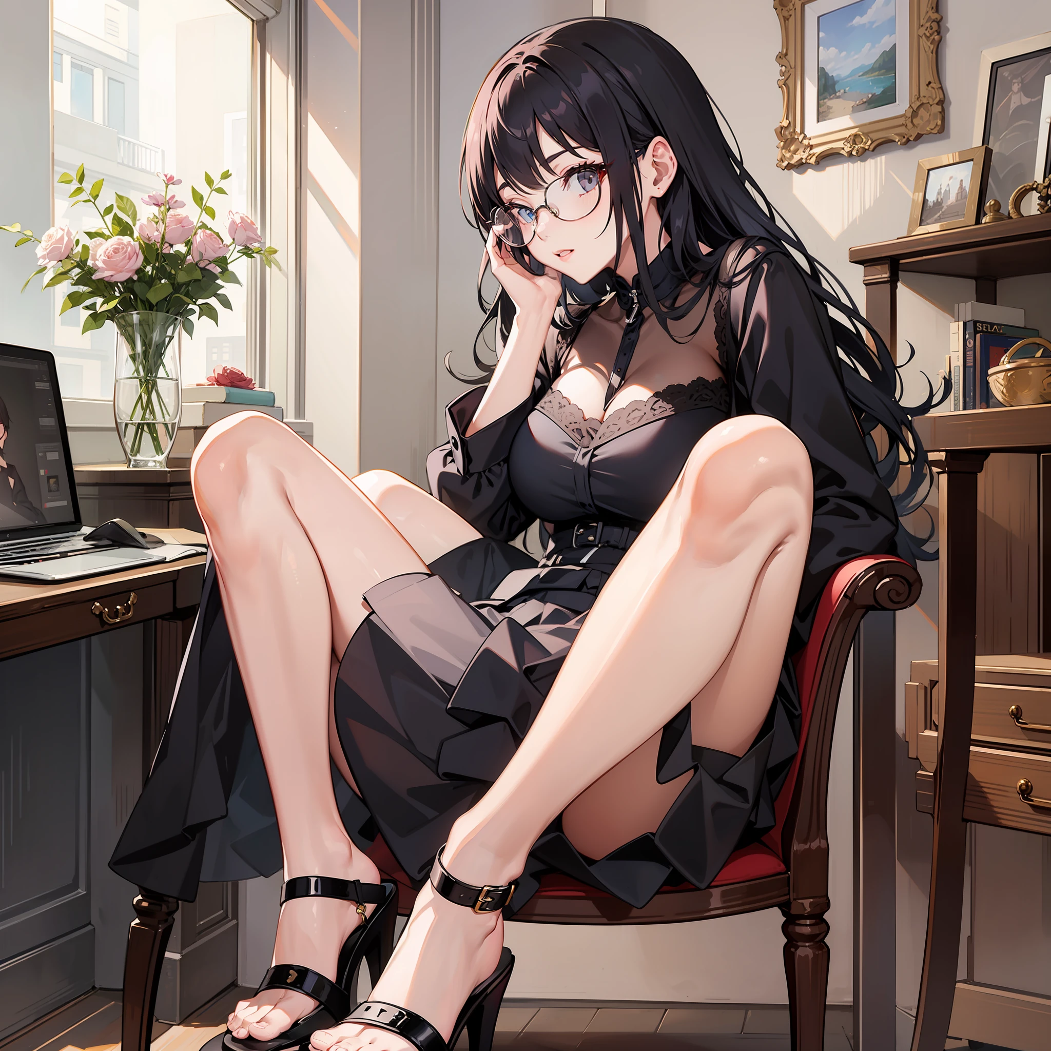 sit on chair，heeled sandals，black short skirt，Black round frame glasses，white stockings