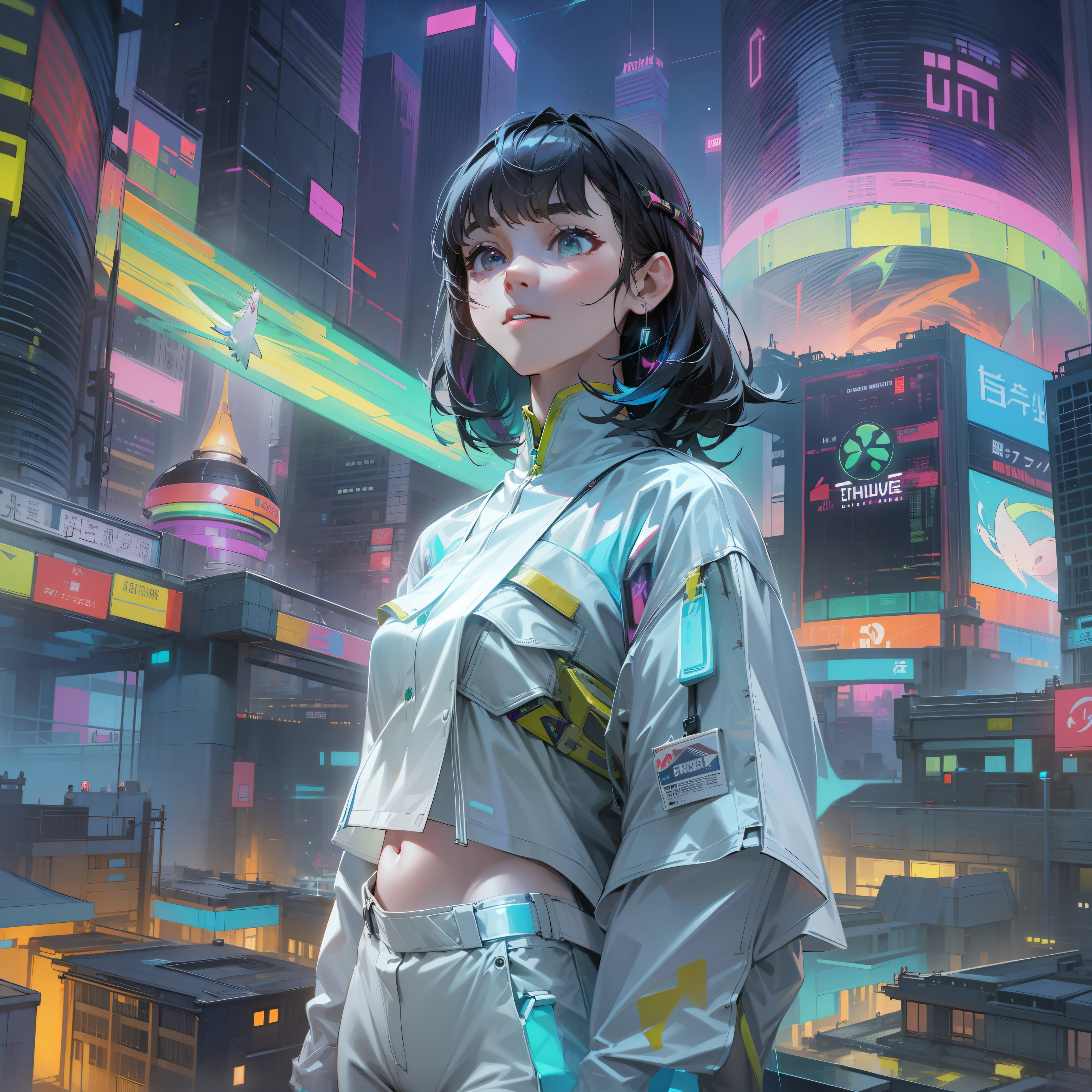 Render in 8K ultra-high resolution、The spectacle of the city of the future。The big picture is full of dazzling neon colors.、Colorful palette spreads out、Decorate the entire space..。In the center of this painting is、There is a young woman full of energy。Her hairstyle is a short cut of black hair、The inner color is a neon color gradient.、Viola、Green grass、verdant、And the yellow is skillfully mixed。This is because she、Show that you are in harmony with the colorful world around you。
Her attire is contemporary, yet、Contains futuristic elements。Top hologram crop top、Shines in rainbow colors when exposed to light、Harmonize with the color of Zhou Yu。Her bottoms are shiny high-waisted silver pants.、While emphasizing the beauty of the legs, Creates a sophisticated silhouette.。At its feet、Neon pink tech sneakers、Supports energetic footsteps。
What she holds in her hands is、Transparent smartphone。Three-dimensional holograms appear on the screen.、It's as if she's one with the technology of the future.。Her gaze is directed forward.、His expression was bright.、Have fun、Excitement wells up。
Behind her is the night view of the city of the future。hay、Lined with cleverly designed skyscrapers、From that window々Colored light is emitted、Neon signs illuminating the entire city。On the roads of the city、Driverless autonomous vehicles come and go、In the sky above it、Drones and hovering cars are flying around。On the other hand、Some parts of the city have、Green parks and vertical farms、It depicts a utopia where technology and nature coexist。
in the distant sky、Space elevator stretching towards the starry sky.、Beyond that, Beautiful Northern Lights illuminating the night sky.。The path she stands on is、Interactive LED、Colorful lights are emitting from under your feet。It changes color every time a pedestrian passes by.、He creates art-like images according to movement.。
This whole scene is、Expressing a future where the evolution of science and technology and human creativity are in harmony...。Eta、The presence of a woman at its center、Showing human vitality and hope for a sustainable future。