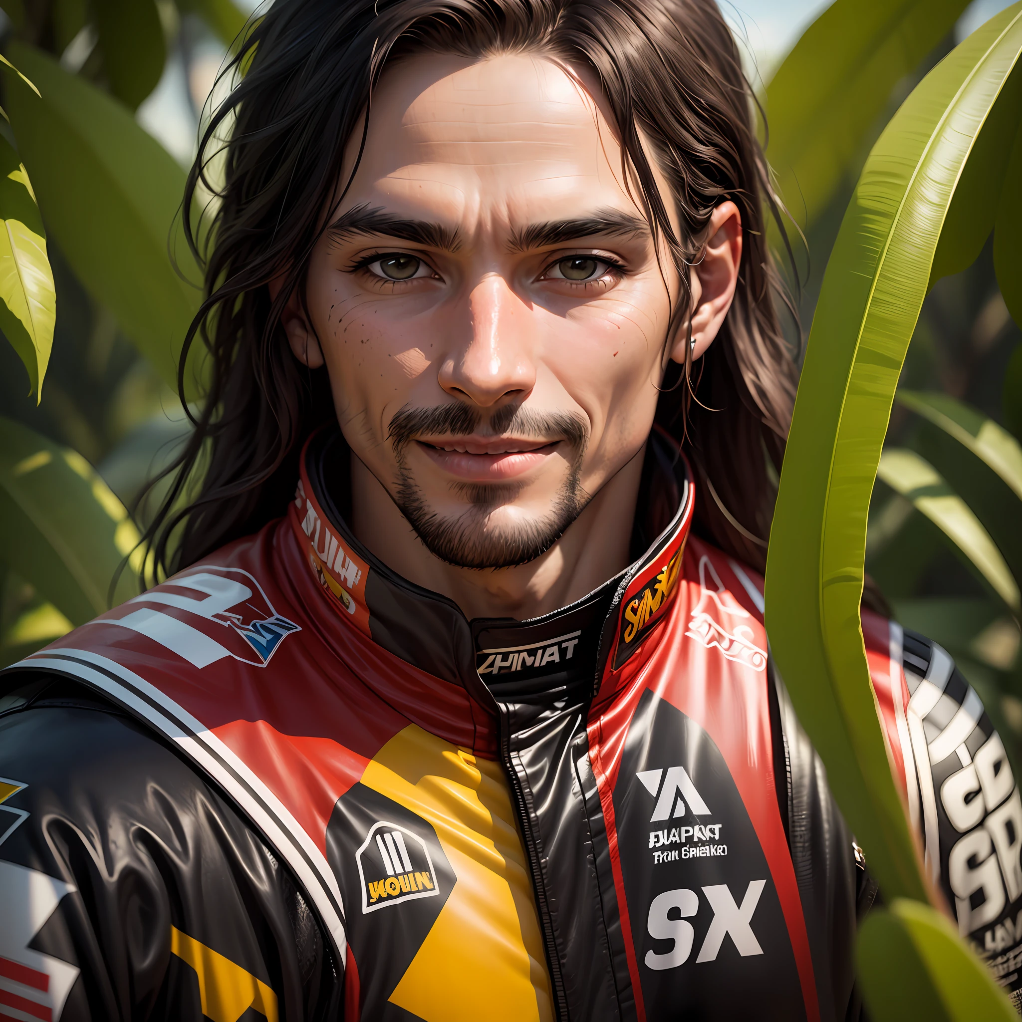A man in a red NASCAR suit, in jungle paradise, [smile], (close-up, avatar), original, 8K, UHD, Fujifilm XT3 Highly detailed face --auto