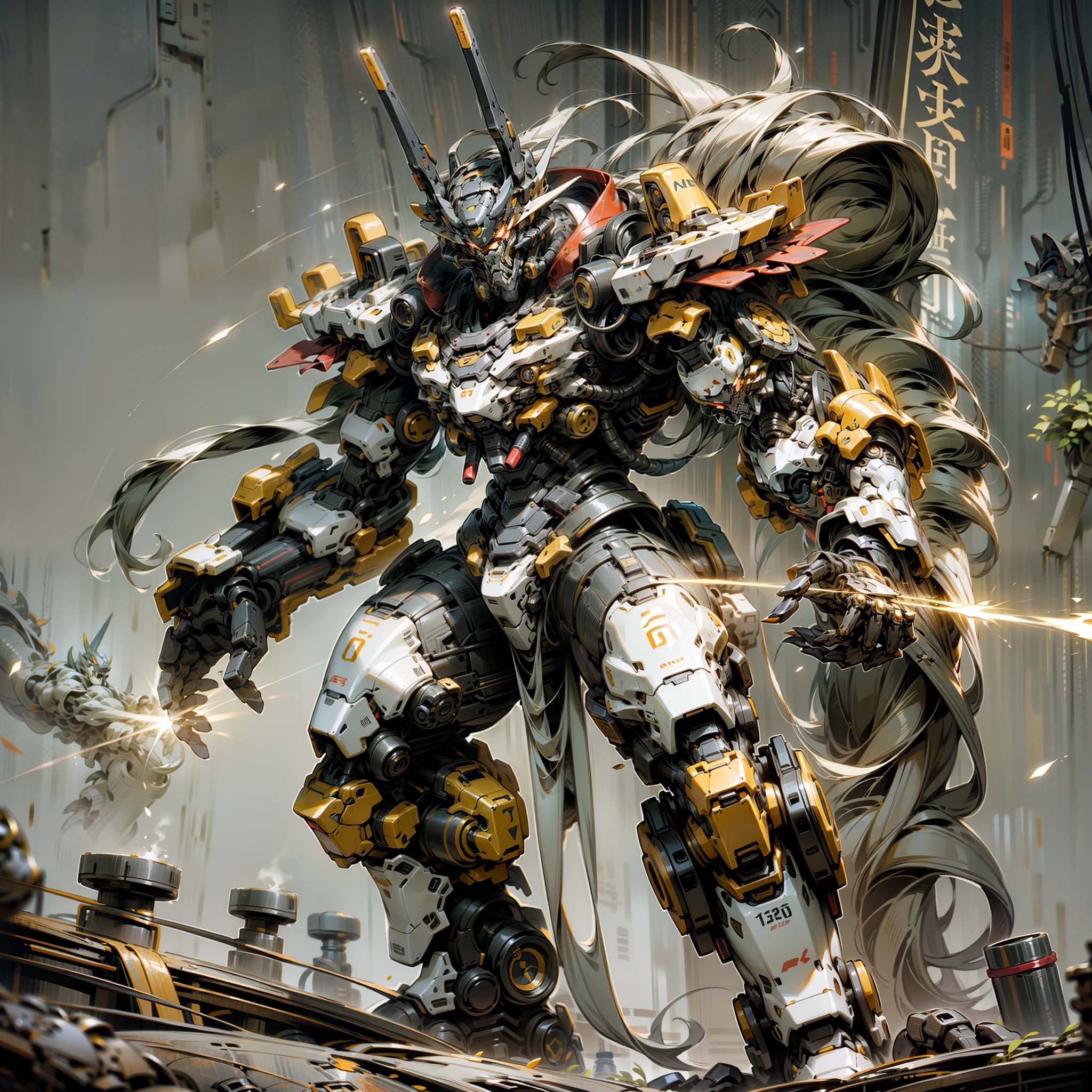 with light glowing，Reflective，（Tall mech：1.6），Amber gradient，（Use the plasma sword：1.3），There is a dragon particle effect，（taichi，Chinese Yin and Yang Bagua Five Elements：1.2），Machine armour wind，mechanical sense，sense of strength，Sense of space，combats，The prominent structure is reasonable，4K，High quality，Masterpieces，（of a real：1.4），drak，chinesedragon，Dark_fantasy,Cyberpunk,(Red:1.1),1人,Mechanical Wonder,Robotic presence,cybernetic guardians,wearing a worn-out mech suit，iintricate，（Steel metal[rusted]），ellegance，Clear focus，Photo by Greg Rutkowski，gentlesoftlighting，vivd colour，Pacific Rim，manticore，Godzilla