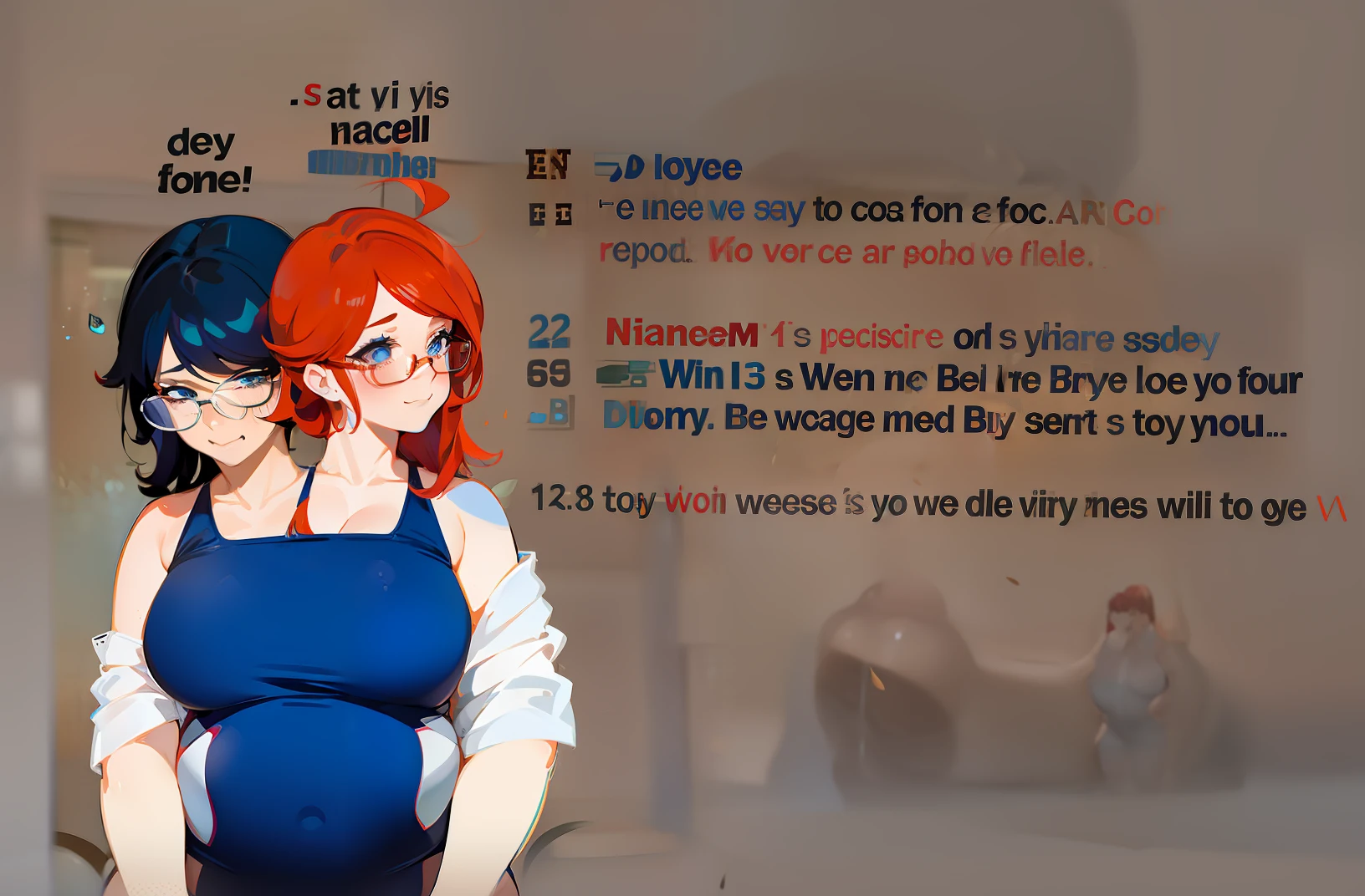 photo of 2heads, woman, femboy, close up, white skin, red hair, black hair, blue swimsuit, bloated belly, pregnant, big belly, large stomach, chubby, fat, bbw, lewdlemage, hyper pregnancy, eyebags, glasses, huge belly, tight swimsuit, bare arms, heavily pregnant