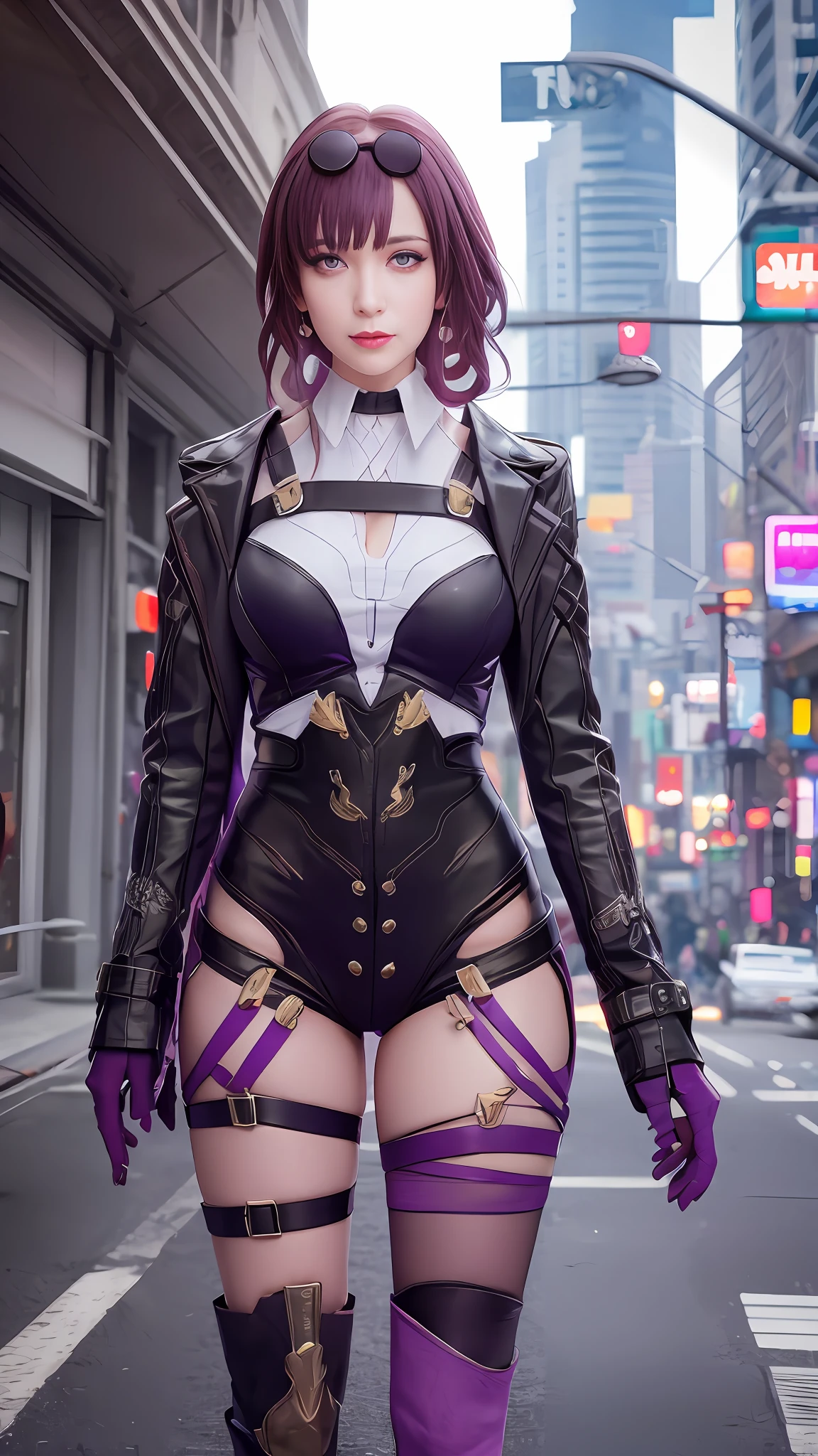 masterpiece, best quality, purple hair, ((purple eyes)), light, realistic, photo, science_fiction, huge_filesize, in the cyberpunk city, steam, masterpiece,best quality,official art, extremely detailed CG unity 8k wallpaper, girl, solo, bishoujo, incredibly_absurdres, big breasts, long shot, full body, mischievous laugh, (((cinematic look)))