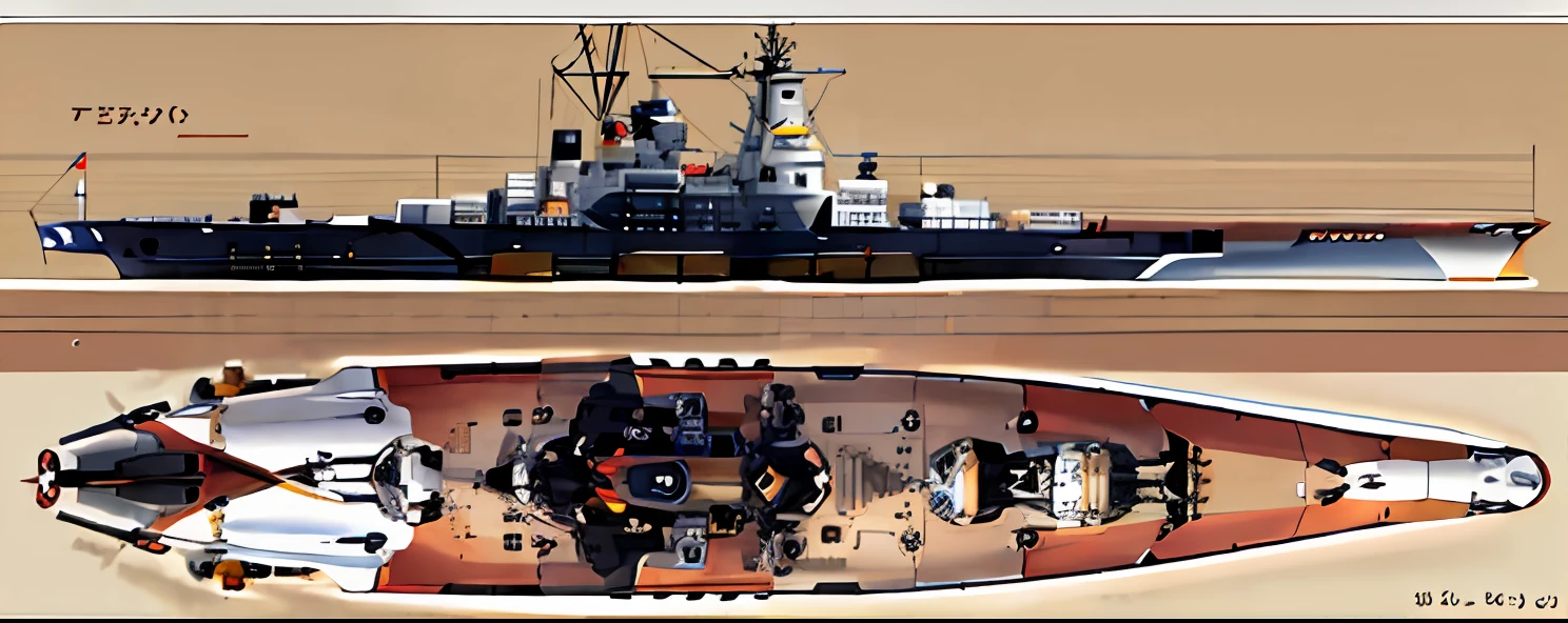 Drawings of a large warship with a large bow and a smaller ship, front side view full sheet, Yamato, realistic warship design, front and side views, top and side view, front side views full, yuyushiki, front and side elevation, front and side view, the sideview. Highly detailed, kirokaze, euclid class