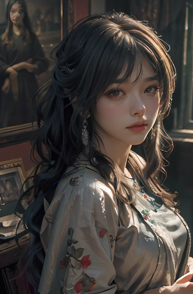 (RAW photo, best quality), (realistic, photo-realistic:1.3), best quality, highly detailed, masterpiece, ultra-detailed, illustration, 1girl, upper_body, dynamic angle, world mastery theater, messy_long_hair,best quality, extremely detailed CG unity 8k壁纸,ink,astounding,电影灯光,lens_flare,dunhuang_style,There are slight spots on the face