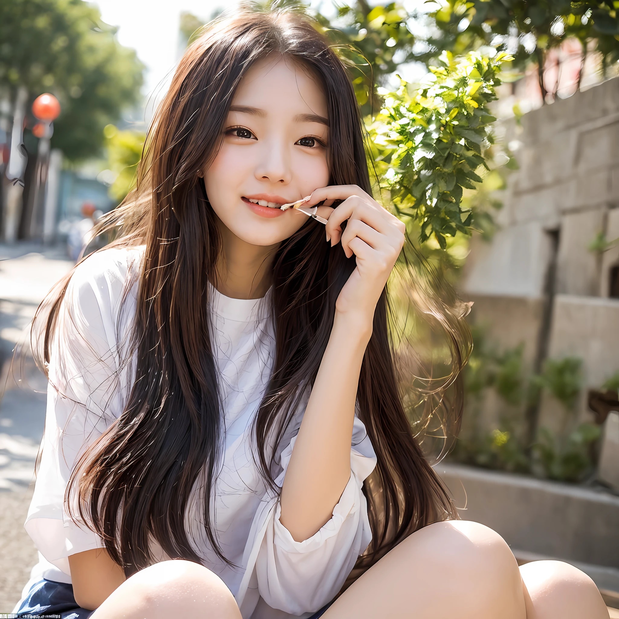 (1girll:1.5, Beijing Street:1.2)，Extremely delicate，Best Picture Quality，A masterpiece in mind，Hanging out，Under the hot summer sun，She sits on the side of the street eating，Whiter skin reveals a healthy glow。