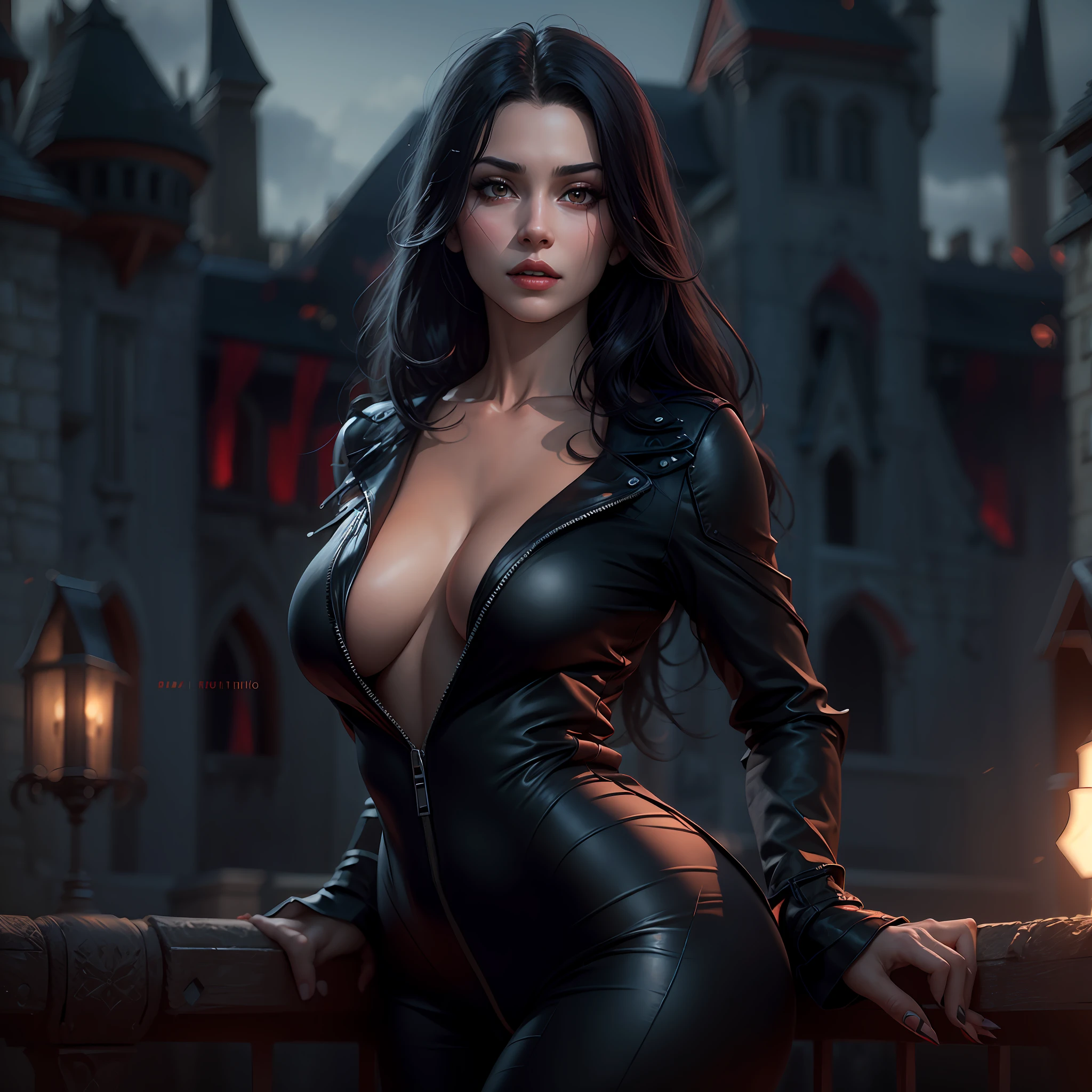 Vampirellla charater, beautiful sultry woman, 25 years, black long hair, photo realistic, endowed, firm stance, fashion style, red body stocking, beautiful realistic face, marked, rounded buttocks, boots with high heel, thigh height, medieval castle background, at night, 4k, octane render, cinematic, deviant art, 2d art, beautiful sultry pale woman, high heals, realistic face, 8k, highly detailed, photorealistic, large-breasted, g-cup, endowed, bob hair, pubic hair, proportional hands, large areoles, cinematical, dynamic color,