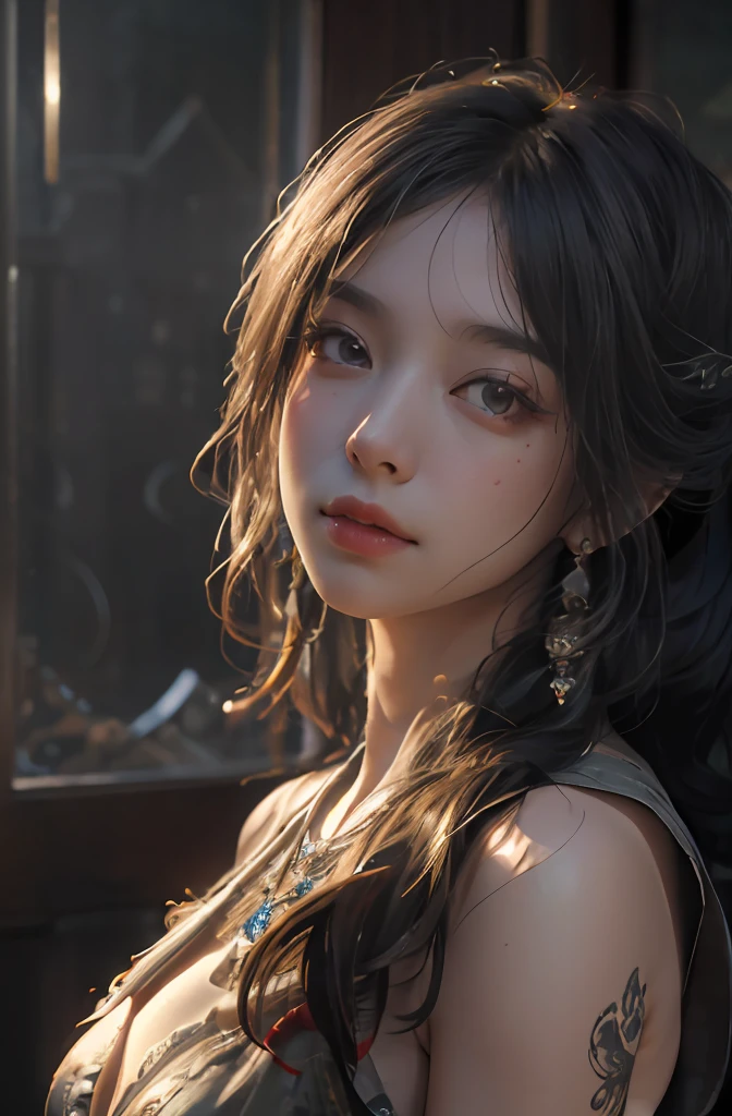 (RAW photo, best quality), (realistic, photo-realistic:1.3), best quality, highly detailed, masterpiece, ultra-detailed, illustration, 1girl, upper_body, dynamic angle, world mastery theater, messy_long_hair,best quality, extremely detailed CG unity 8k壁纸，ink，astounding，电影灯光，lens_flare，dunhuang_style，There are slight spots on the face