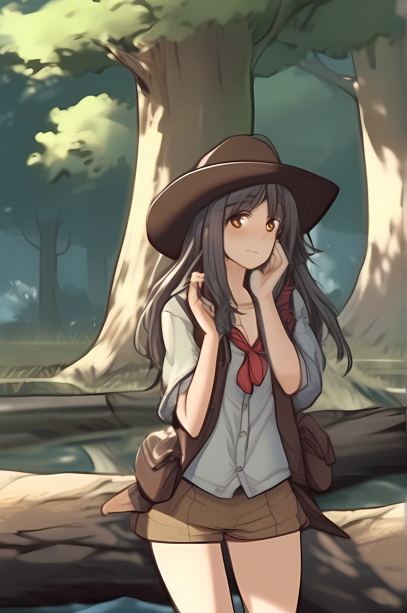 (tmasterpiece,best qualtiy:1.2),cowboy lens,big trees,1girll,Hide behind big trees,is shy,Crush,A small river behind a big tree,Hill Alencon,face expressionless,Keep your mouth shut,looking at viewert,(hand on own arm:1.2),Short twin tails,white shirt,underbust,Fluffy long sleeves,a skirt,(Fingerless gloves:1.1)