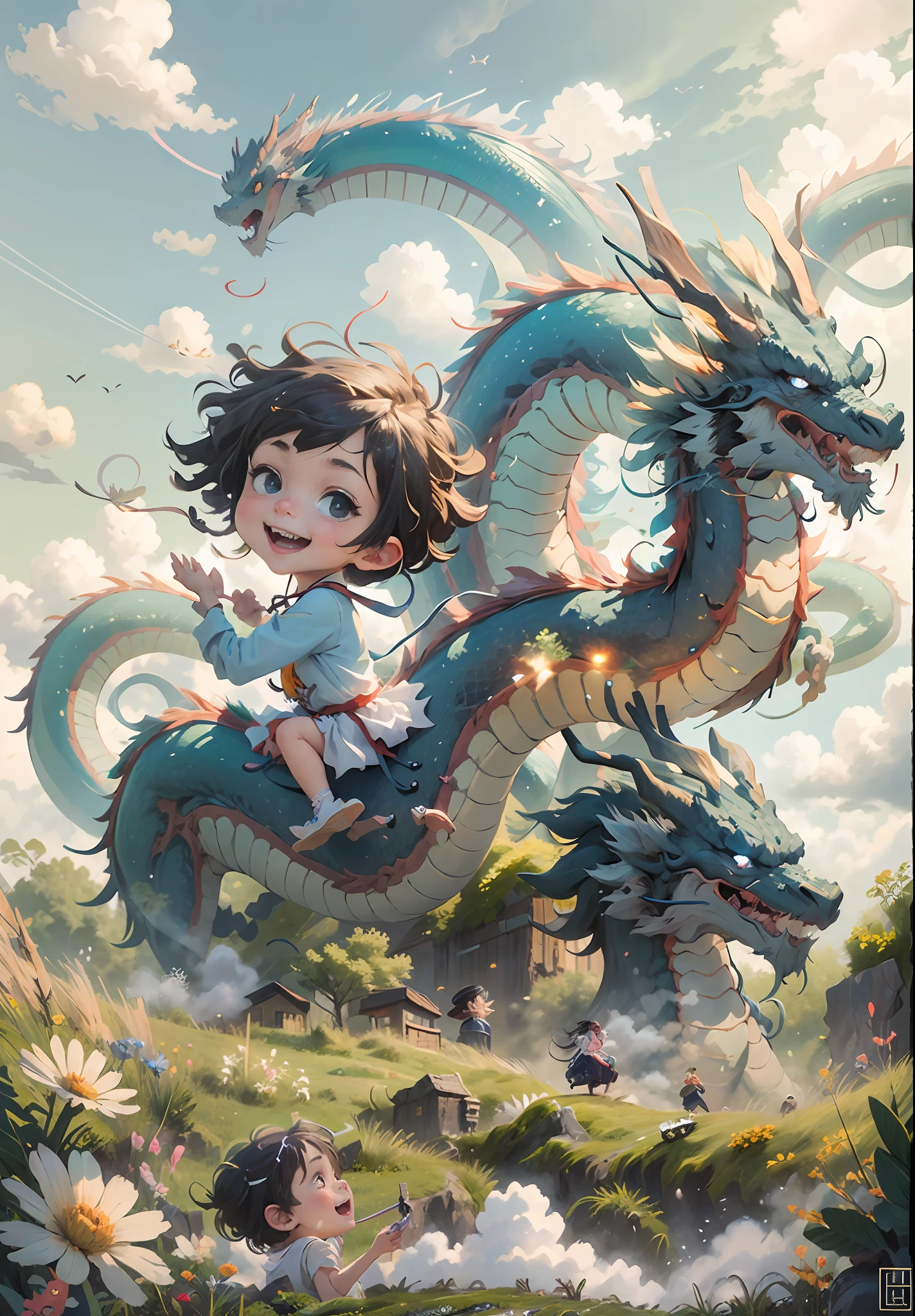 （tmasterpiece，Best quality）Two children ride on the body of a Chinese dragon，ssmile，Fine facial features，suns，Clean blue sky and white clouds，rainbowing，grassy fields，Summer - V6