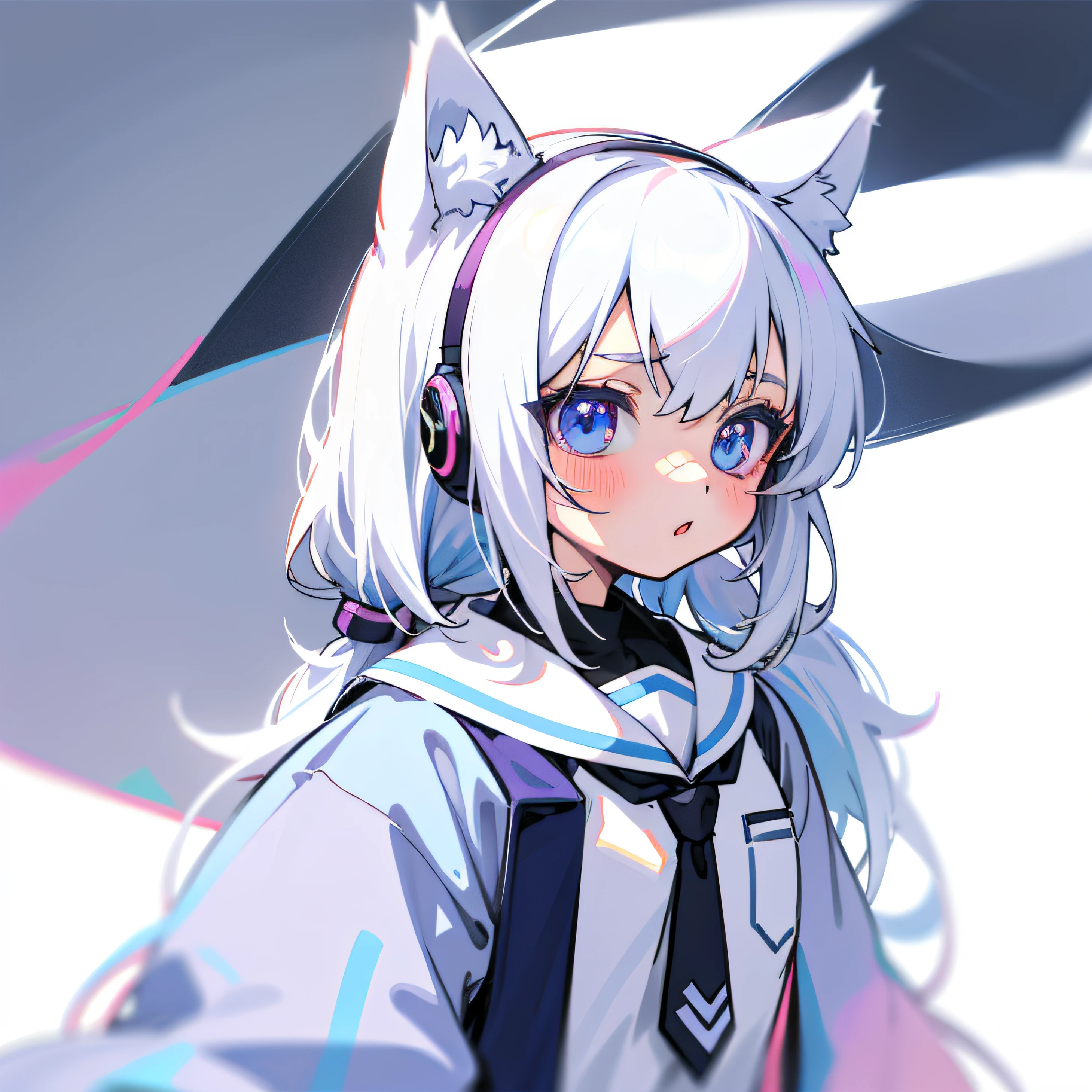 anime girl with headphones and a tie, anime moe artstyle, flat anime style shading, white cat girl, flat anime style, in an anime style, 2 d anime style, anime stylized, perfect white haired girl, unknown artstyle, white haired, anime girl with cat ears, holo is a wolf girl, girl with white hair, loli