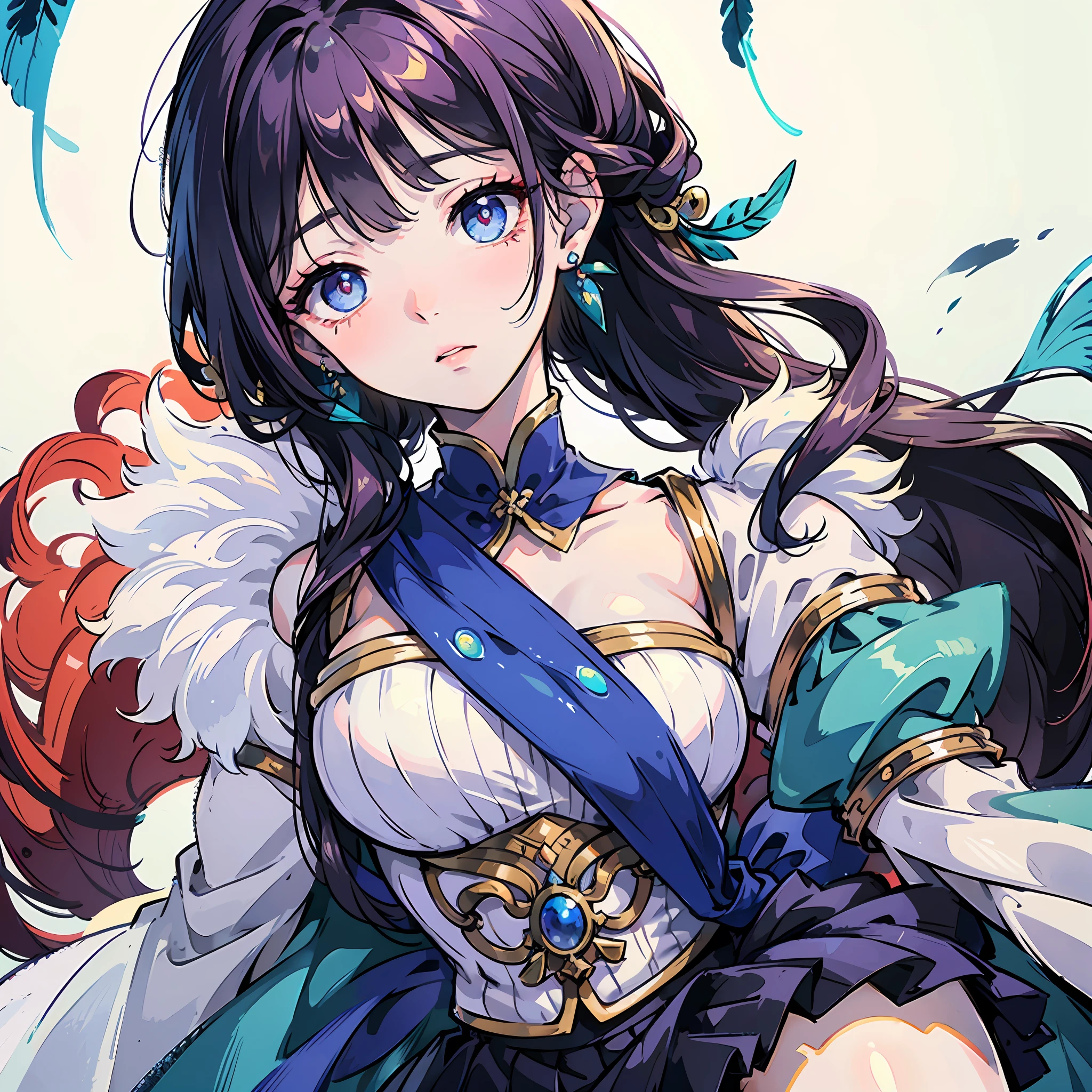 Best Picture Quality,tmasterpiece,Original,Close-up Shot Shot,Mature girls,Big sapphire eyes,Peacock feather skirt,Gorgeous skirt,Colorful feathers,Long hair with blue shawl,Danfeng Eyes,Delicate accessories,Delicate cheeks,Delicate earrings