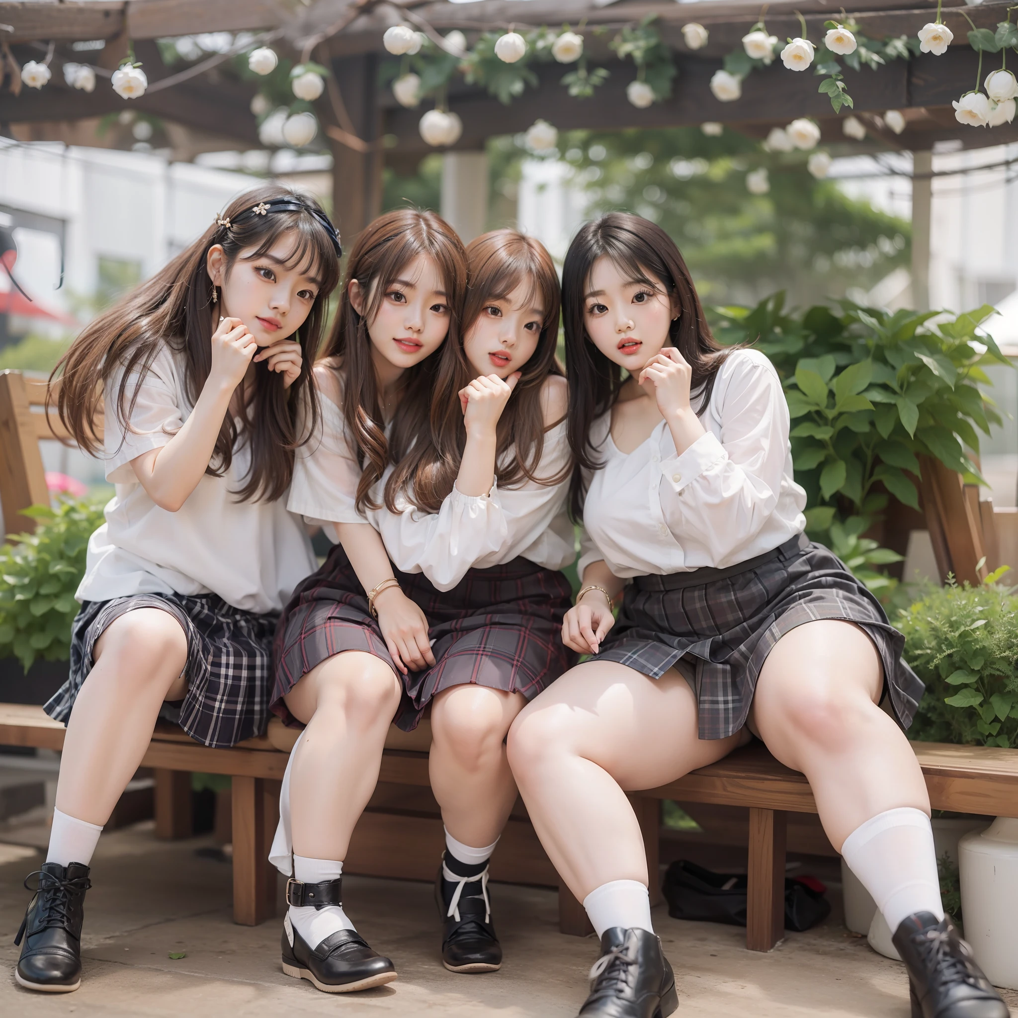 Cute Korean girl idol trio wearing skirts with very big thighs and very big buttocks and very chubby breasts