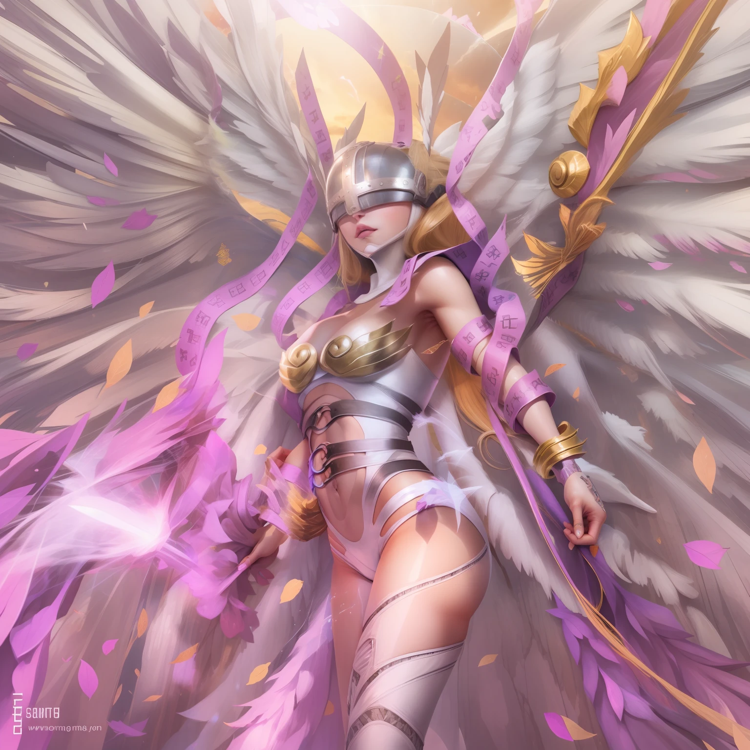 angewomon usando capacete, segurando arco e flecha brilhante