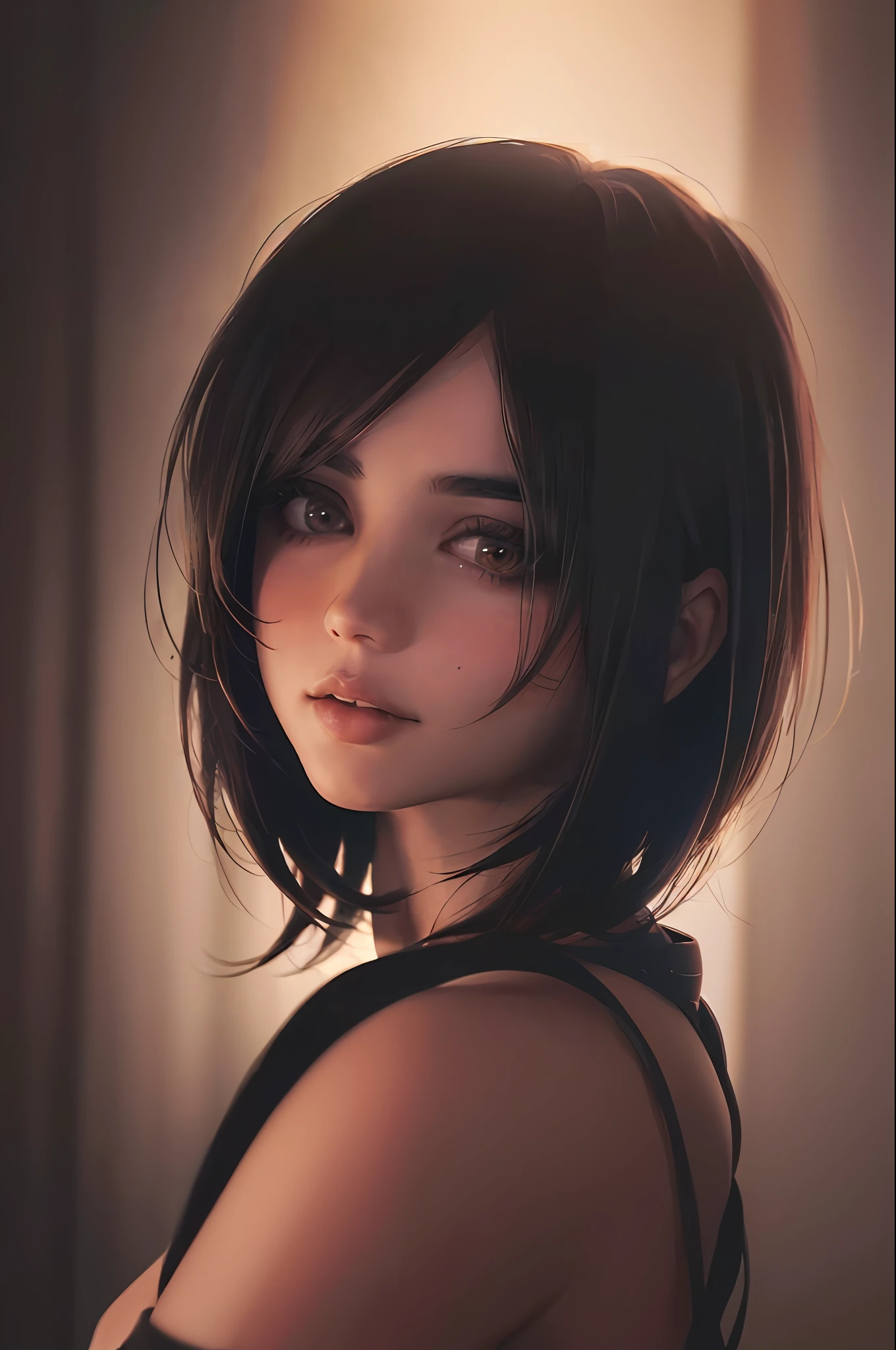 (RAW photo, best quality), (realistic, photo-realistic:1.2), 1girl, high quality, (high detailed skin:1.4), puffy eyes, gorgeous hair,   (dark room:1.3), (rim lighting:1.3), (dimly lit:1.3), (dark night:1.3), indoors, portrait, black hair, dark background, short hair,