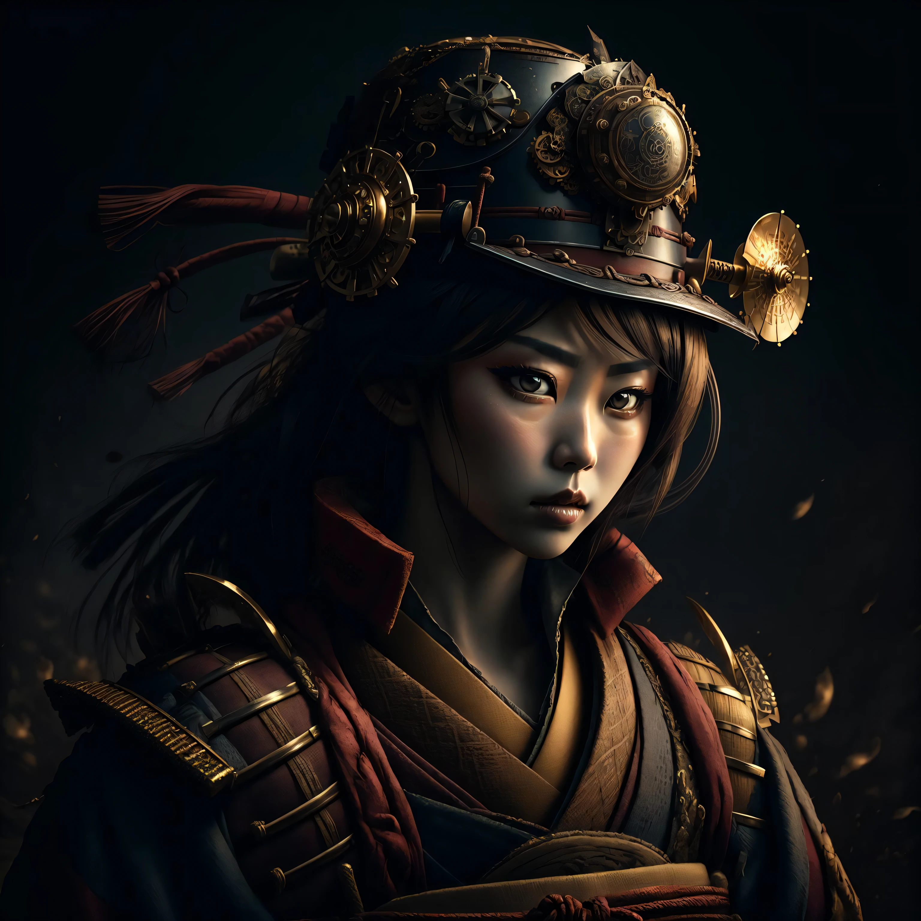 A steampunk samurai,
yang08k, photography, beautiful,  black background,
masterpieces, top quality, best quality, official art, beautiful and aesthetic,  realistic,