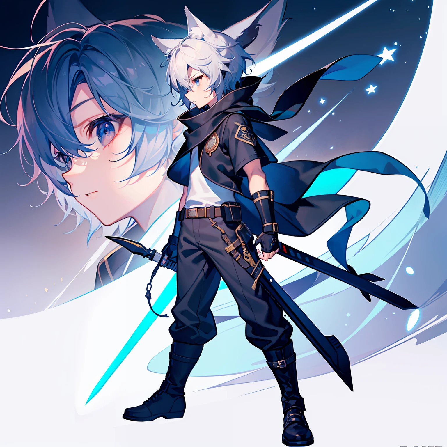 Game CG, Little Boy, Long and Short Hair, SOLO, Chibi, Wolf Ears, Wolf Tail, Blue Eyes, Delicate Facial Features, Handsome, Newcomer, Hooded Short Sleeves, Short Vest, Long Pants, Relic, Tactical Belt, Long Boots, Fingerless Gloves, Long Sword, Panorama, Full Body, Scarf, Detail Depiction, Side View