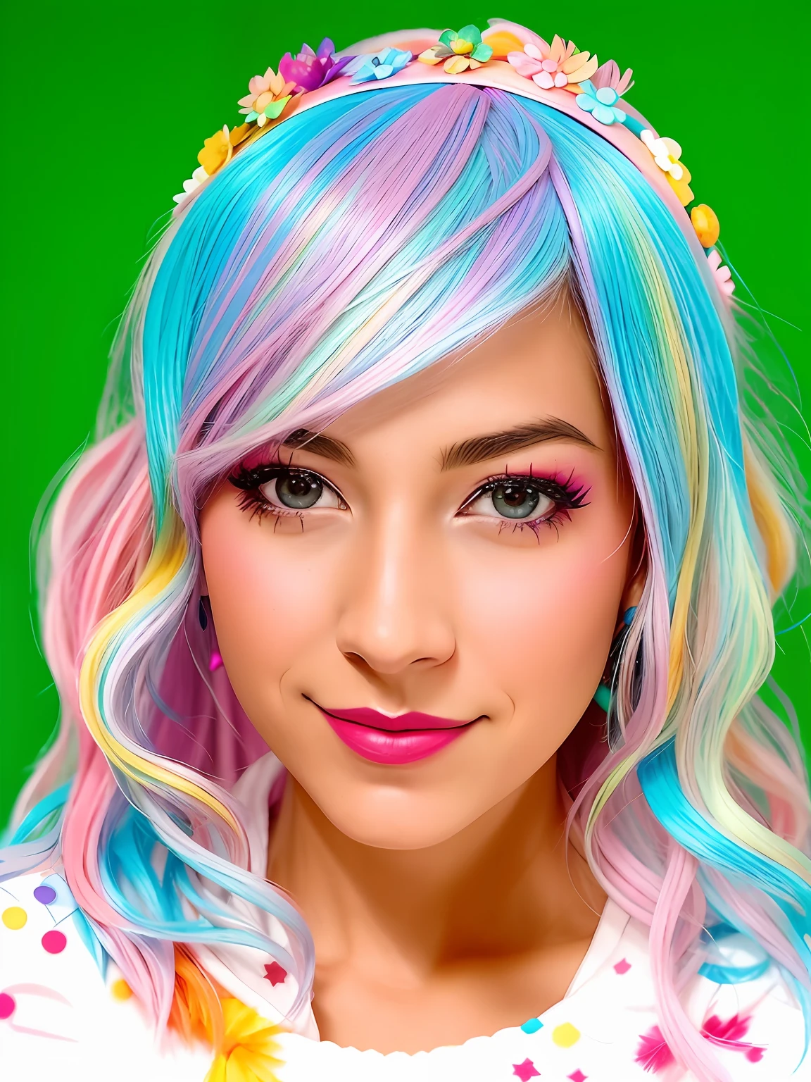 Araffe con un pelo colorido y una diadema, kawaii decora rainbowcore, pastel colorido, caramelo pastel, Decora Inspired, chica caramelo, coleta colorida, Retrato Colores felices, color photograph portrait 4k, pastel colorido, Colores pastel vibrantes, Color pastel brillante, with germinated rainbow hair, maquillaje de payaso y peluca de arco iris, colores pastel vivos, colores brillantes, mundo de fantasia, super heroe