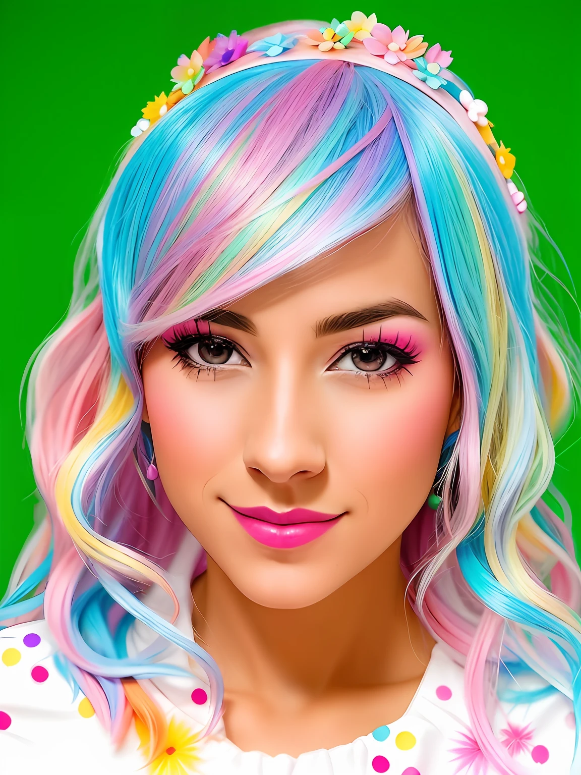 Araffe con un pelo colorido y una diadema, kawaii decora rainbowcore, pastel colorido, caramelo pastel, Decora Inspired, chica caramelo, Colorful collection, Retrato Colores felices, color photograph portrait 4k, pastel colorido, Colores pastel vibrantes, Color pastel brillante, con pelo arco iris germinado, maquillaje de payaso y peluca de arco iris, colores pastel vivos, colores brillantes, fantasy world, super heroe
