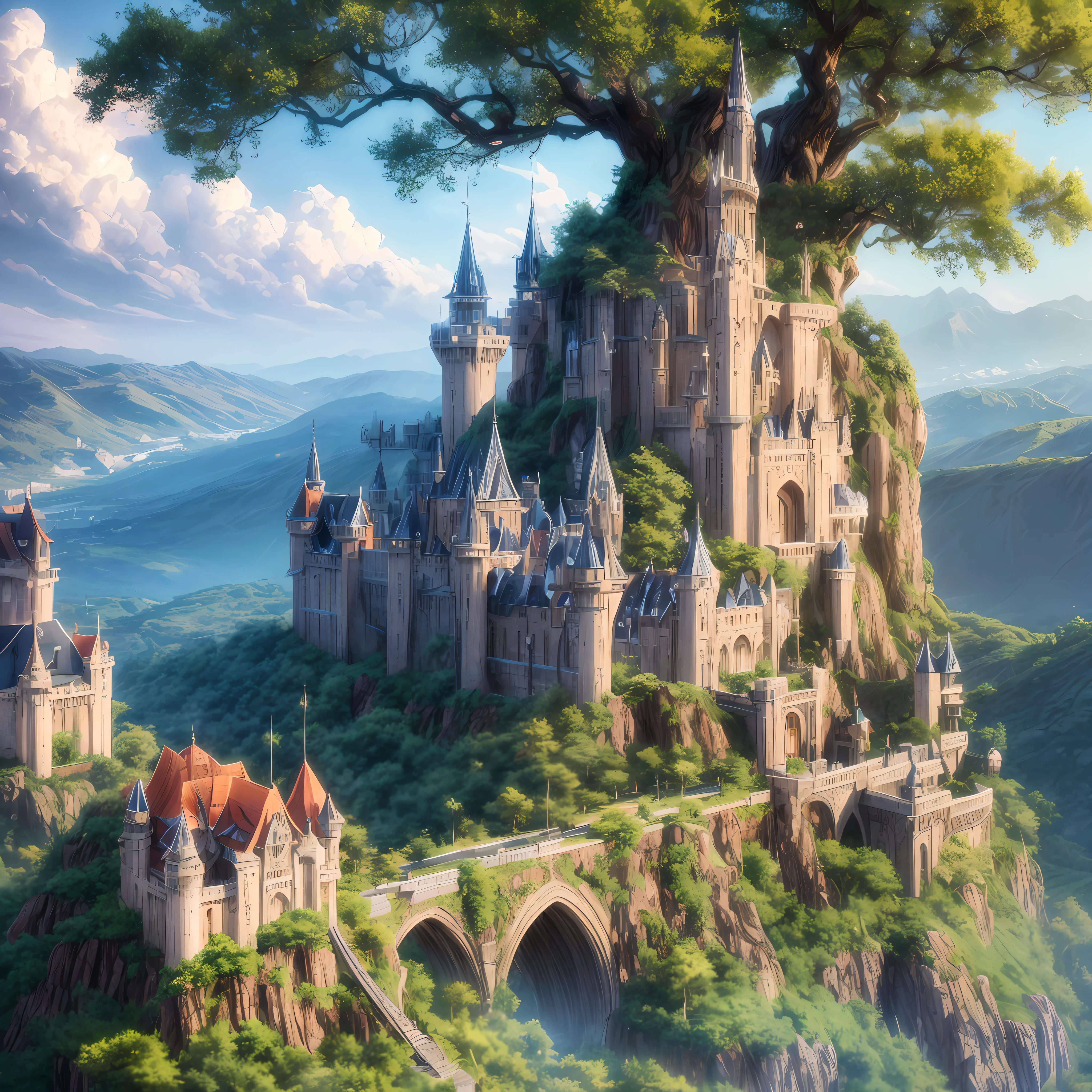 anime scene of a tree with a castle in the background, concept art by Kamagurka, pixiv contest winner, fantasy art, anime background art, anime concept hdr anime macmanus, 4k highly detailed digital art, background artwork, anime epic artwork, anime scenery concept art, 4k detailed digital art, made of tree and fantasy valley,