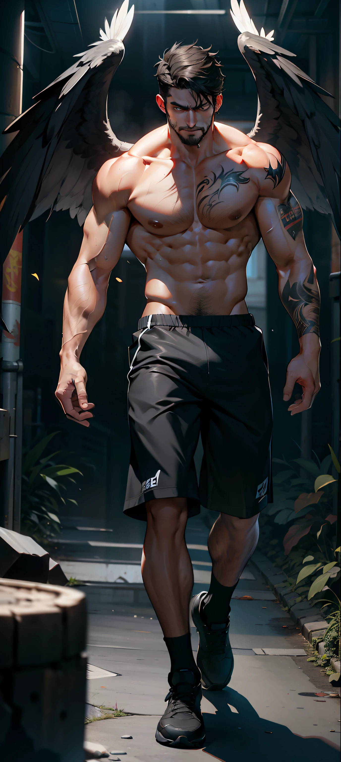 masterpiece, best quality, face, natural eyes, 1man, european, big feet, black socks, (no shoes), full body, large bulge, long legs, looking at viewer, 30 years old, muscled and mature, short haircut, face covered with white fluids, sweating, tight cloth, erecting, shirtless, topless, smirks, solo, white skin, muscular, muscle man, tall, hunk, big biceps, abs, wide shoulder, open chest, facial hair, black short hair, wet body, wet hair, shirtless, viewer looking, high resolution:1.2, best quality, full body, flat style, dark sky, a male angel with huge black wings, fire on the ground, dark angel, black wings, tatooed arms, remote camera, ruined city, dark eyes, evil, evil eyes