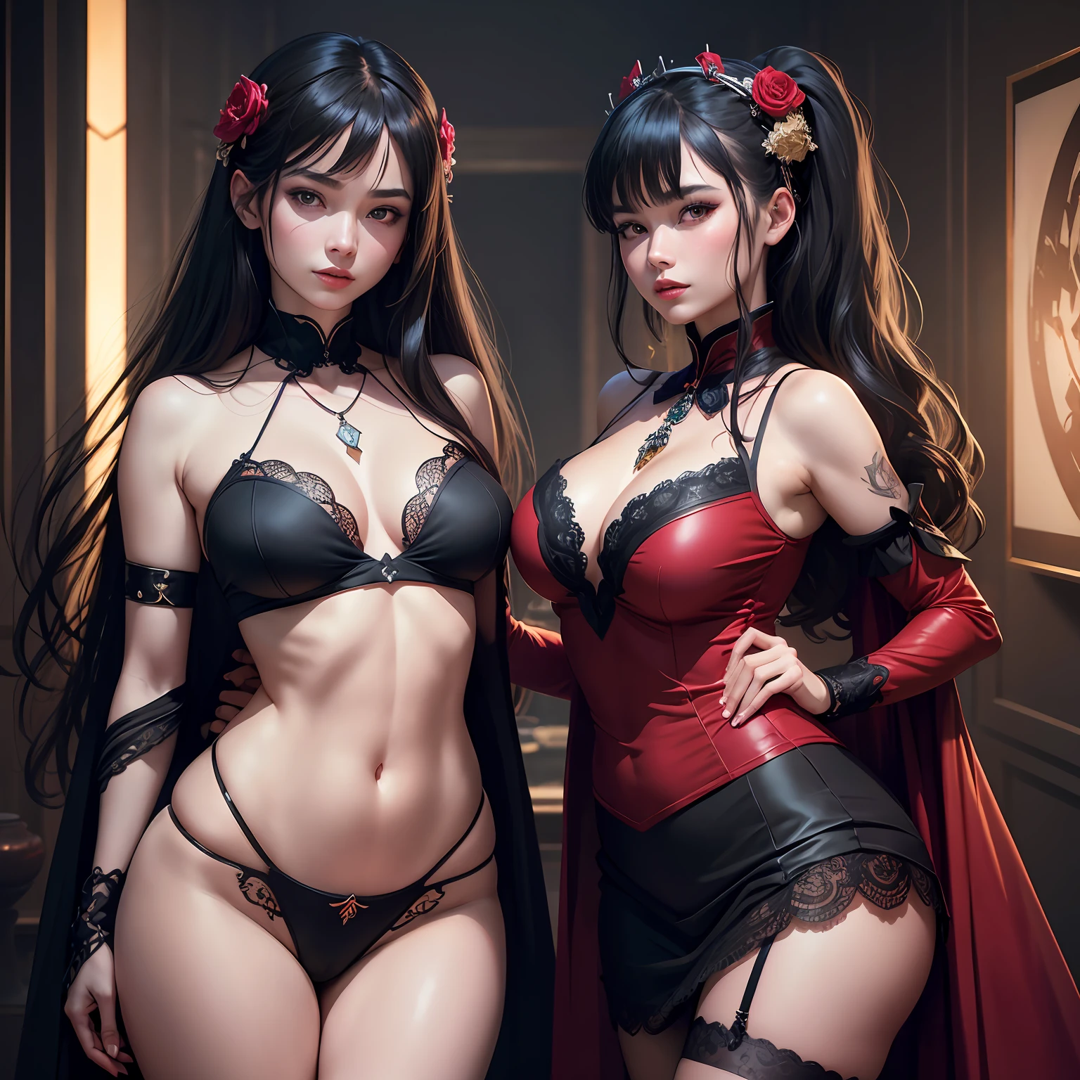 best quality, masterpiece, highres, 1girl, hanfu, white and even teeth, red irises, chinese underwear, hair ornaments, necklace, jewelry, crown jewelry. Pretty face, full body, magic import style, tyndall effect, photo realistic, dark studio, border light, two tone light, (high detail skin: 1.2), 8k uhd, dslr , soft light, high quality, volumetric light, candid, Photo , high resolution, 4k, 8k, Bokeh, (light pink lips), 1 beautiful demon from hell, In the Dark: 1.6), surreal full body of women by David Hockney and Alphonse Mucha, fantasy art, photorealism, dynamic lighting, station art, posters, volumetric lighting, highly detailed faces , super 8k, Awarded, in the dark, deep shadow, low light, cowboy lens, (Red phoenix shirt: 1.4), long hair, black hair, bust, luxury palace, Royal style family, devil's crown, red eyes with very sharp and detailed makeup, Best face, Very round and tight breasts, Surreal, chinese women's clothing, turtleneck polo lace top, charming smile, Beautiful eye makeup, guweiz, devil style, black lace stockings, mesh stockings with hooks on underwear, ponytail with a bow at the back, dark red lips, Devil tattoo on shoulder, wearing a nightgown thin lace deep slit chest red black, overcast and thunderous landscape, (full body), Close-up of main character, (Background detail 1.8), lace socks worn at the waist, moderately big butt, --auto