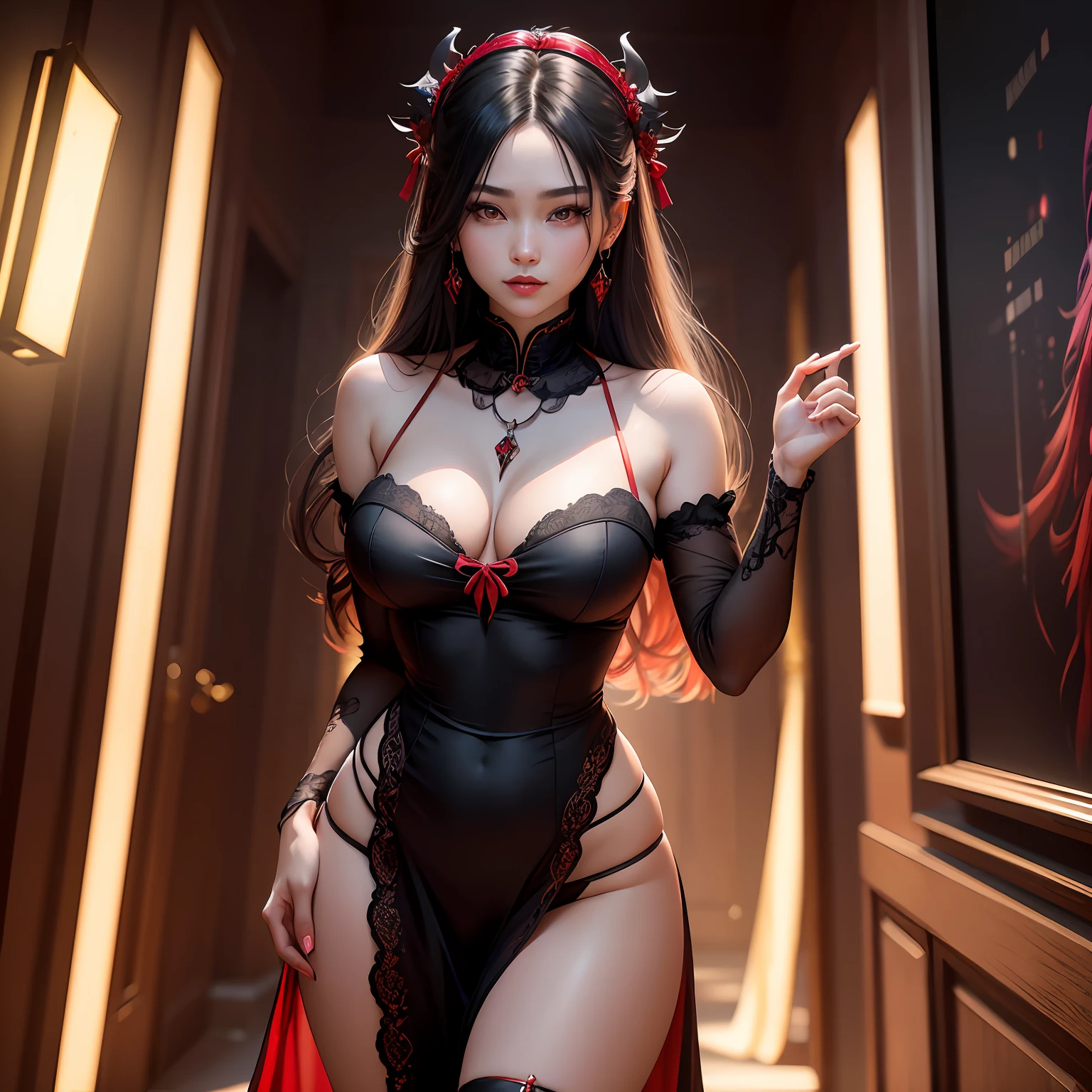 best quality, masterpiece, highres, 1girl, hanfu, white and even teeth, red irises, chinese underwear, hair ornaments, necklace, jewelry, crown jewelry. Pretty face, full body, magic import style, tyndall effect, photo realistic, dark studio, border light, two tone light, (high detail skin: 1.2), 8k uhd, dslr , soft light, high quality, volumetric light, candid, Photo , high resolution, 4k, 8k, Bokeh, (light pink lips), 1 beautiful demon from hell, In the Dark: 1.6), surreal full body of women by David Hockney and Alphonse Mucha, fantasy art, photorealism, dynamic lighting, station art, posters, volumetric lighting, highly detailed faces , super 8k, Awarded, in the dark, deep shadow, low light, cowboy lens, (Red phoenix shirt: 1.4), long hair, black hair, bust, luxury palace, Royal style family, devil's crown, red eyes with very sharp and detailed makeup, Best face, Very round and tight breasts, Surreal, chinese women's clothing, turtleneck polo lace top, charming smile, Beautiful eye makeup, guweiz, devil style, black lace stockings, mesh stockings with hooks on underwear, ponytail with a bow at the back, dark red lips, Devil tattoo on shoulder, wearing a nightgown thin lace deep slit chest red black, overcast and thunderous landscape, (full body), Close-up of main character, (Background detail 1.8), lace socks worn at the waist, moderately big butt, --auto
