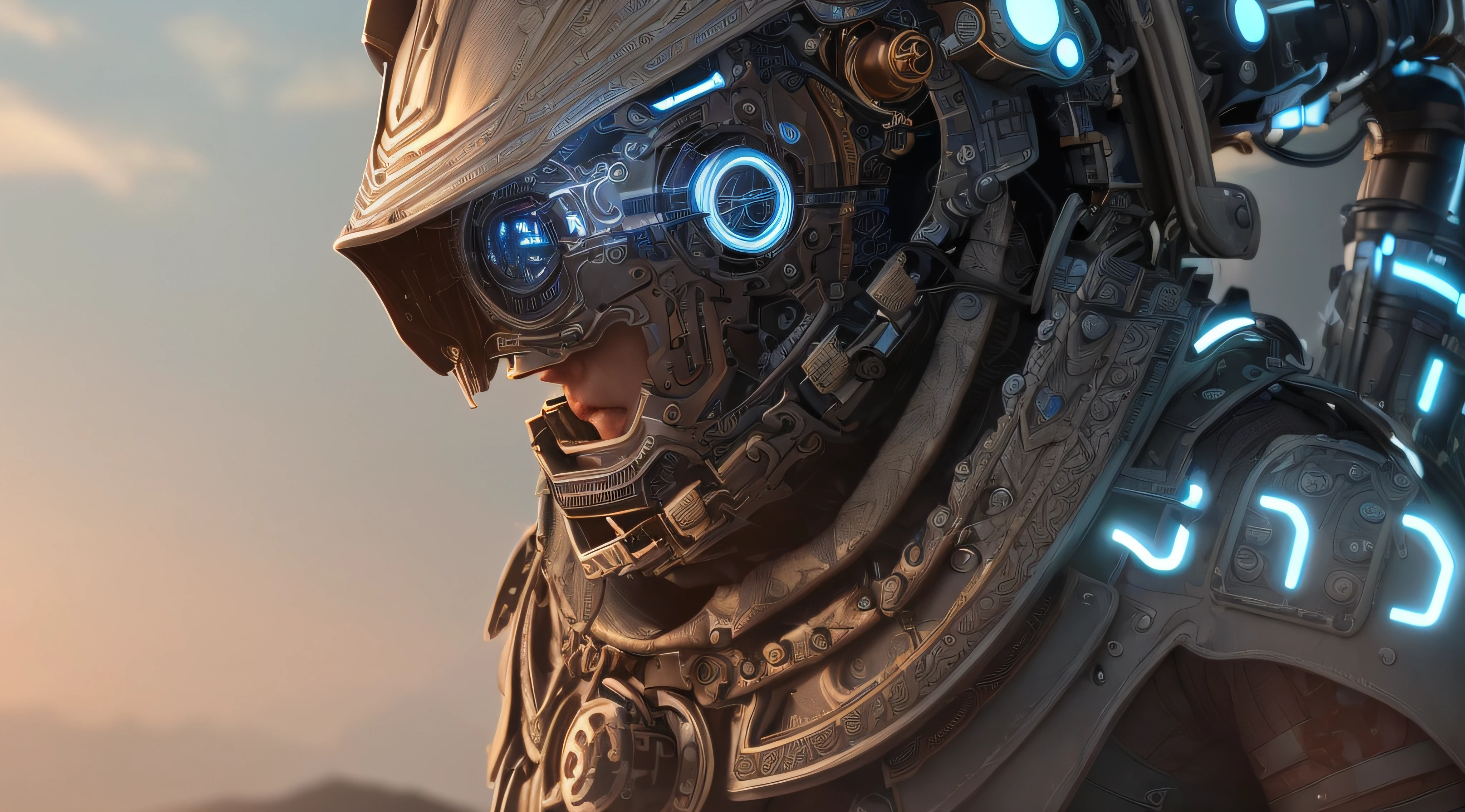 (ultra-detailed CG unity 8k HQ HD wallpaper, masterpiece), best quality, stunningly detailed futuristic warrior donning a hyper-detailed helmet with steampunk undertones, combining both the tech of tomorrow with the aesthetics of the past.