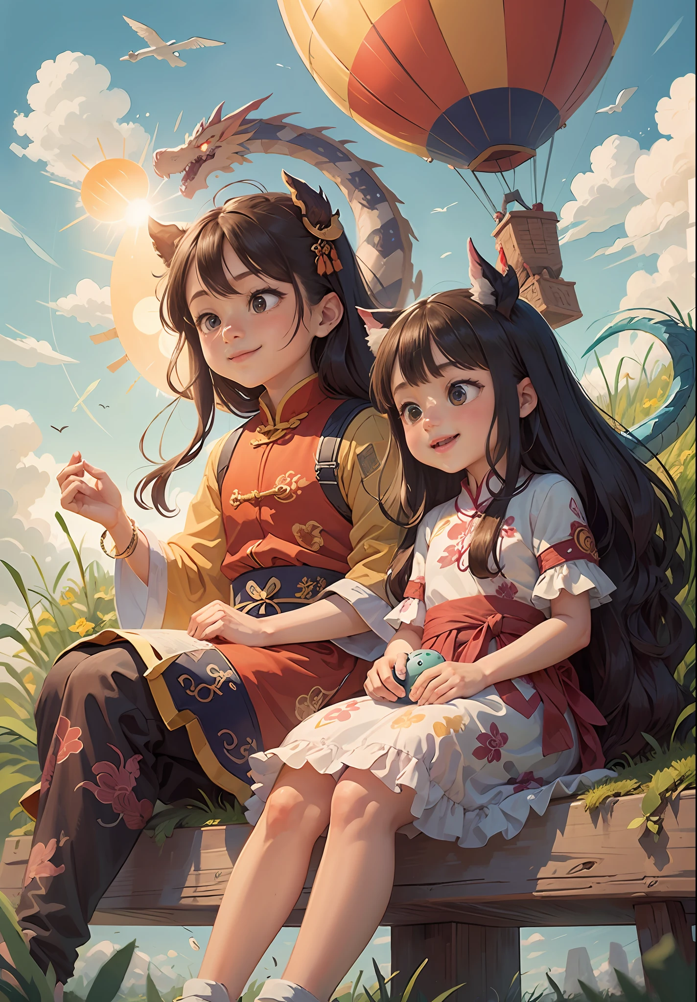 chinesedragon,(tmasterpiece,Best quality)Two children sitting in a hot air balloon flying in the sky,ssmile,Fine facial features,suns,Clean blue sky and white clouds,rainbowing,grassy fields,Summer - V6
