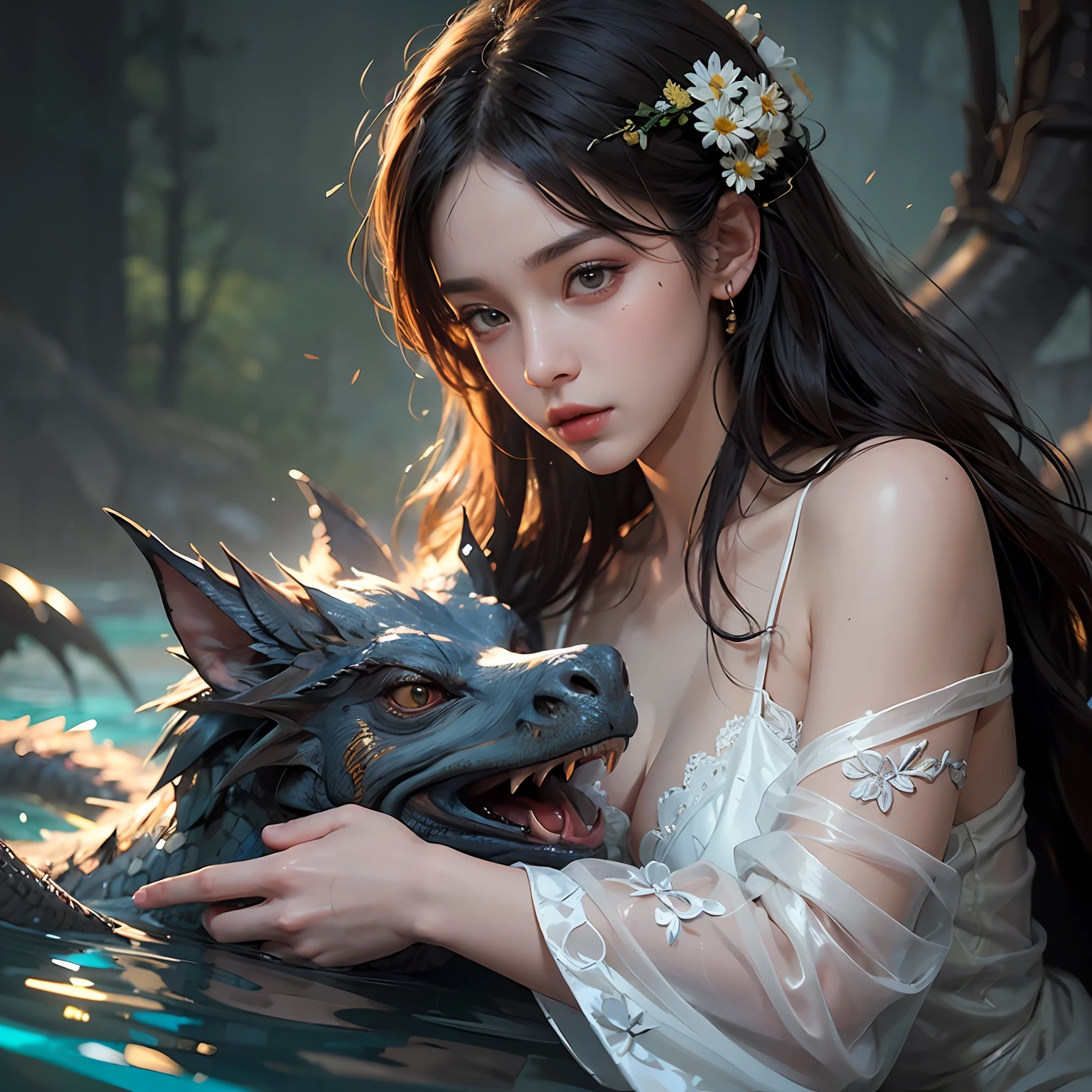 (under the water)(1human and the head part of 1dragon), 1beautiful girl is playing with 1dragon, the girl is long black hair with bangs and the dragon closed its mouth, daisy intricate ornaments, white silk robe, realistic, looking at the camera, cuddling with dragon, riverside, frost mountain background, cinematic lighting, trending on ArtStation, by Irakli Nadar, Greg Rutkowski，(((best quality))),(((ultra detailed))),(((masterpiece)))