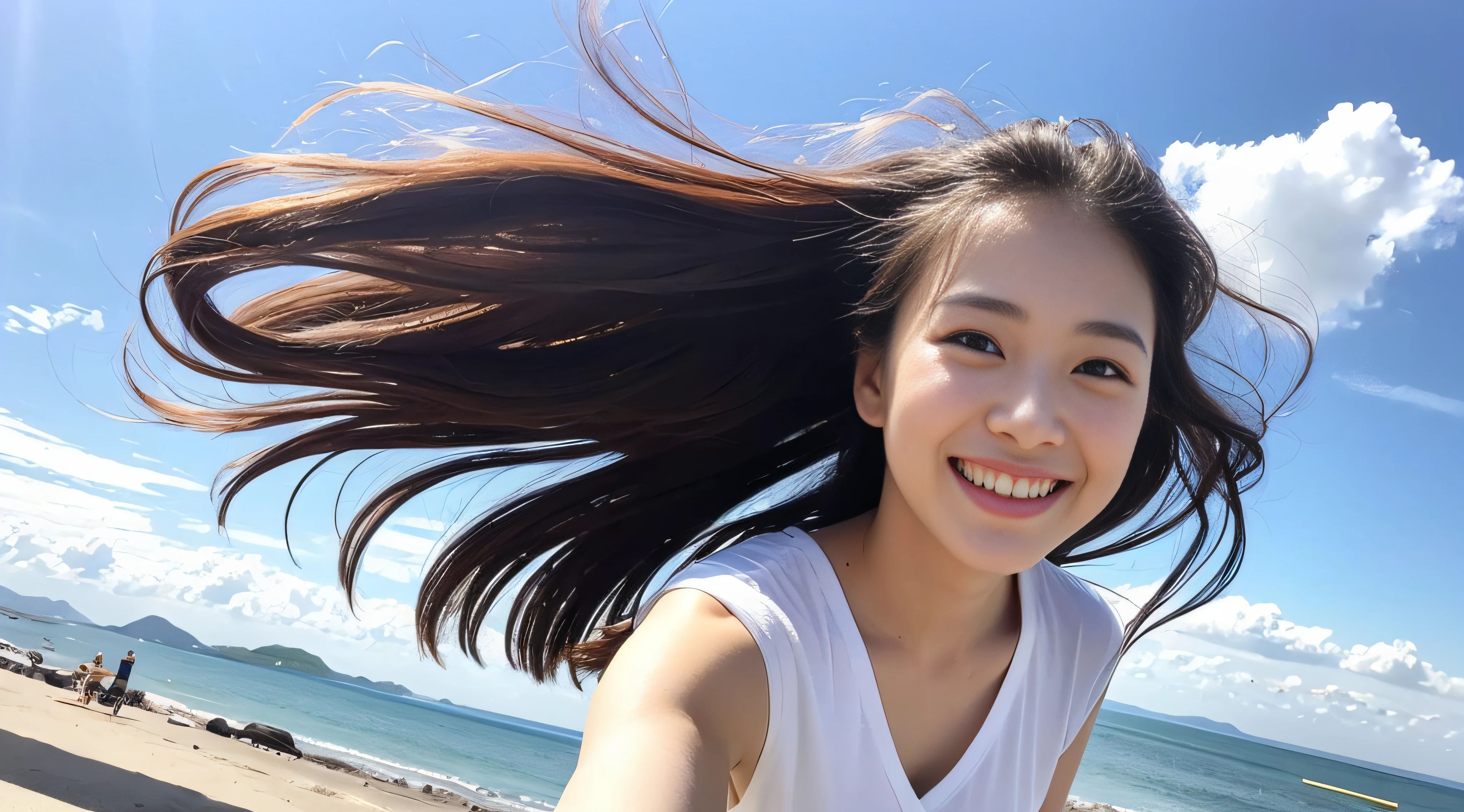 realisitic、masuter piece、Beautiful Korean kpop idol Woman,Running along the seaside、Camera angle from below、Midsummer sun and white clouds behind、wide-angle lens、Smile and look to the sky、emotive