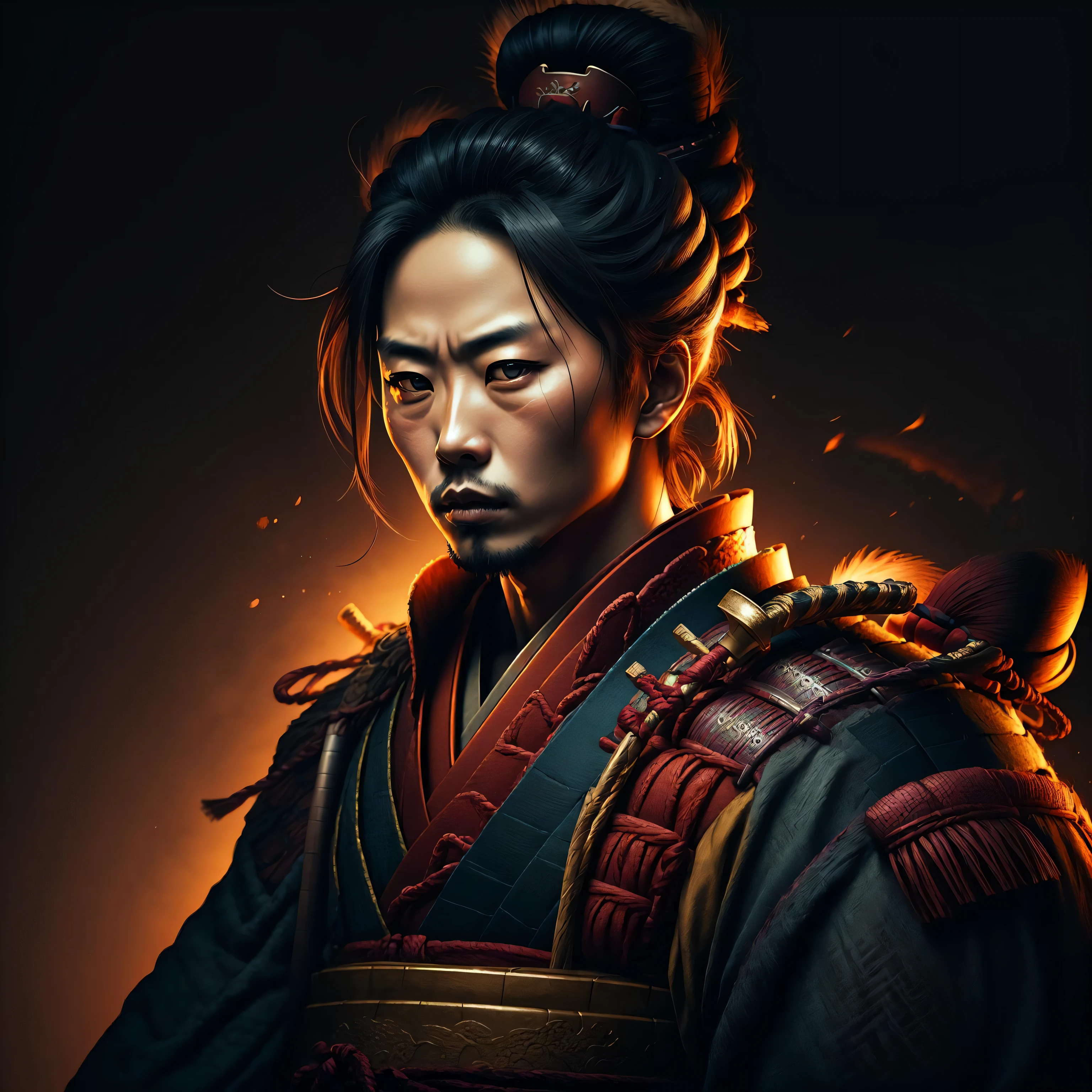 A ancient male samurai,
yang08k, photography, beautiful, black background, colorful,
masterpieces, top quality, best quality, official art, beautiful and aesthetic, realistic,