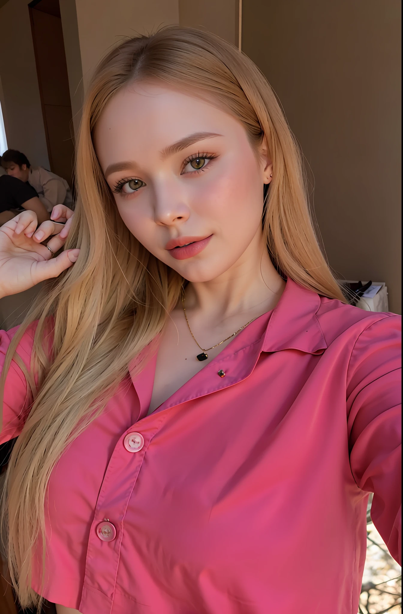 Blonde woman with long hair wearing a pink shirt and black pants, Anna Nikonova aka Newmilky, Yelena Belova, Taran Dasha, Amouranth, 🤤 retrato da , Angelina Stroganova, 8k)), meninae-rosa, Estilo de Julia Razumova, Irina Nordsol Kuzmina, Ekaterina, Anastasia Ovchinnikova