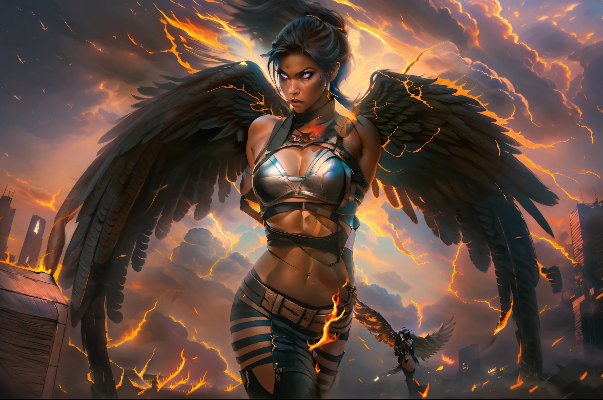 ((Female Fallen Angel sexy)), with ((burning wings of fire)), descending from a ((sky of soft, billowing clouds)) and a ((dark burning cityscape at night)). Her ((strong physique)) and ((glowing eyes)) reveal her nature as a ((heavenly warrior)), and her ((mixed-race features)) add an aura of mystery and beauty. Her ((short military haircut)) denotes her determination in her epic battles. It is a scene both ((majestic)) and ((supernatural)), combining elements of ((fantasy)) with an epic touch. The image is filled with ((vibrant colors)) that contrast with the ((dark tones)) of the burning city and the soft clouds in the sky, evoking a sense of power and transcendental strength.