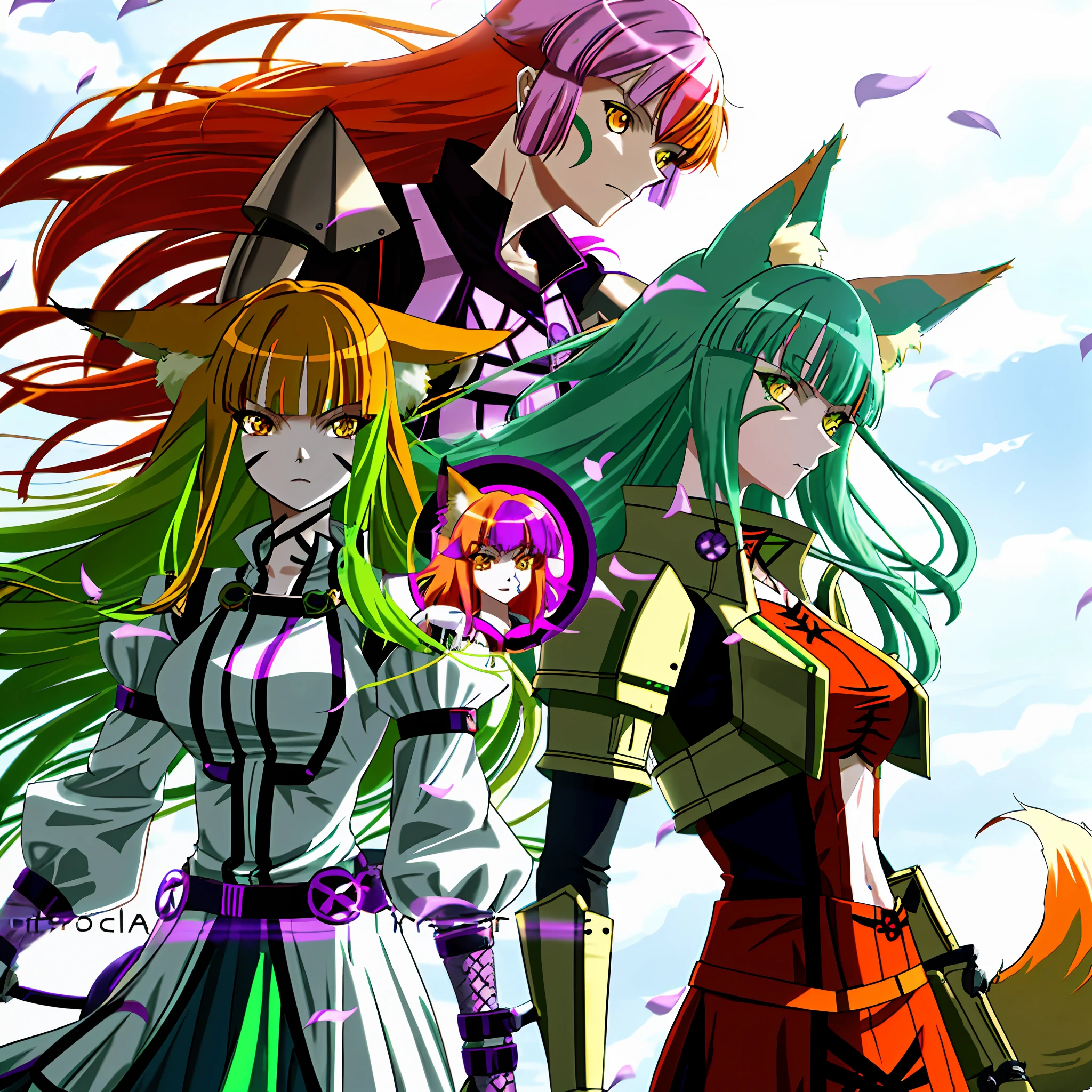 orange color hair，Purple hair big breasts，Green hair，fox ear，red color eyes，Cyberwind，Machinary，Machine armour wind，Future wind，Tech style，future-tech，Cyan steam，yellow mist，Violet fluorescence，Pink petals