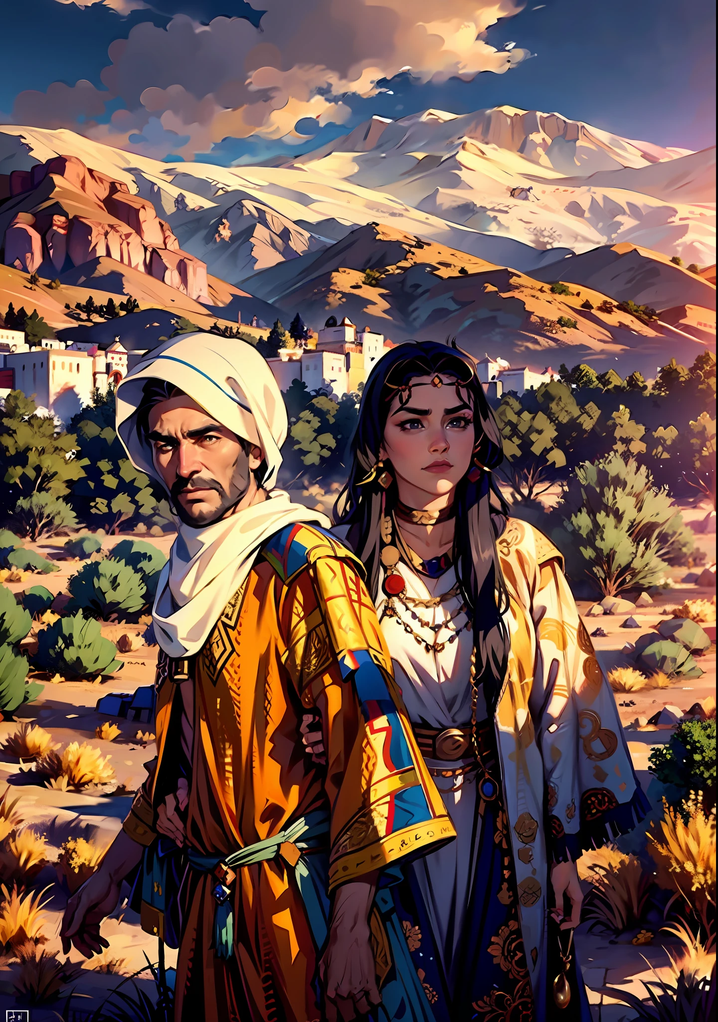 (Best Quality, Masterpiece), A cinematic movie poster for a historical film, cinematic, fade, Arabic couple, showcasing their Berber heritage, standing in the mesmerizing expanse of the desert. Their captivating gaze and powerful presence bring alive a cinematic atmosphere under the enchanting night sky, cinematic fade, mist, night sky, look at the viewer,