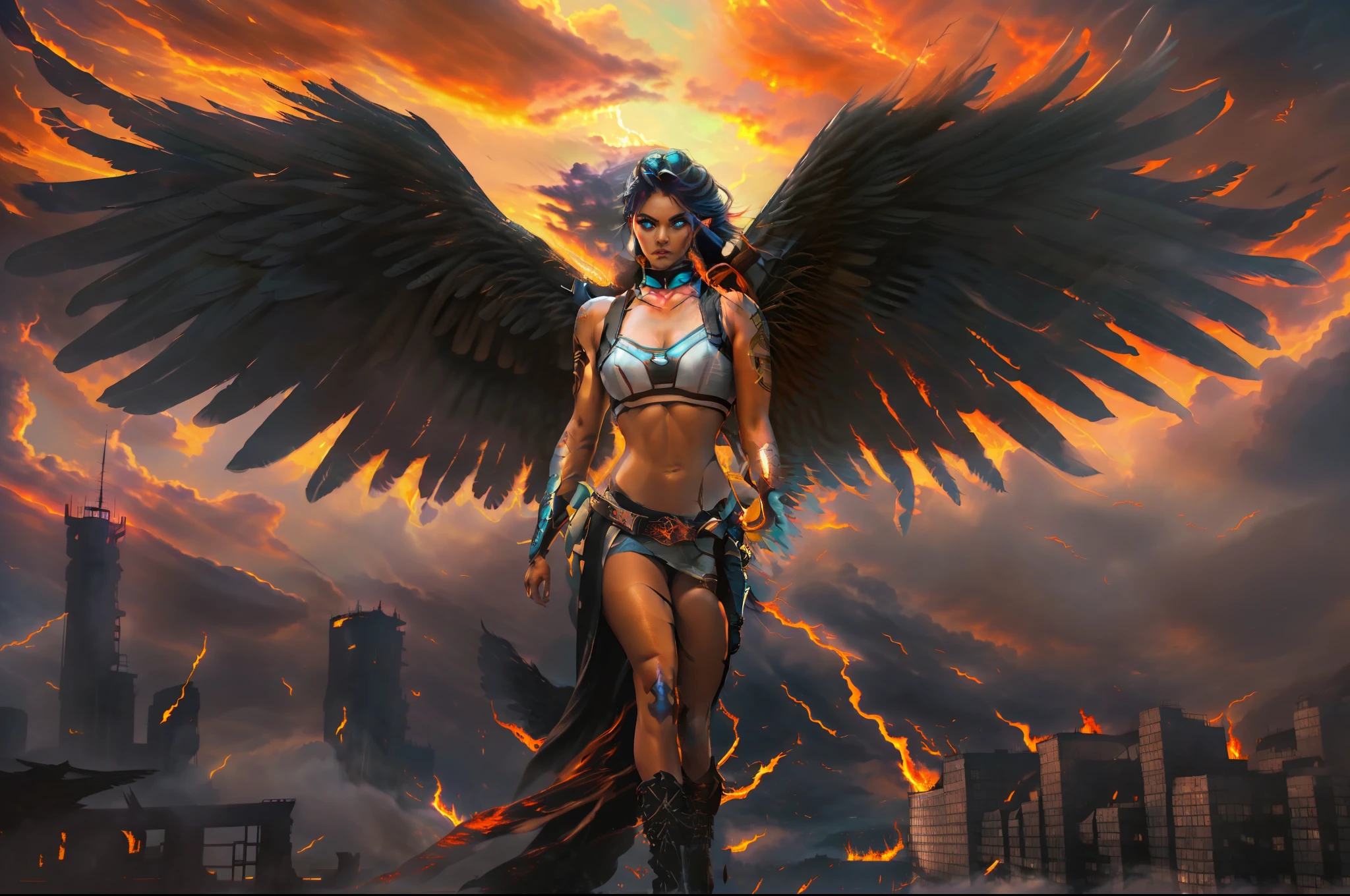 ((Female Fallen Angel  sexy)), with ((burning wings of fire)), descending from a ((sky of soft, billowing clouds)) and a ((dark burning cityscape at night)). Her ((strong physique)) and ((glowing eyes)) reveal her nature as a ((heavenly warrior)), and her ((mixed-race features)) add an aura of mystery and beauty. Her ((short military haircut)) denotes her determination in her epic battles. It is a scene both ((majestic)) and ((supernatural)), combining elements of ((fantasy)) with an epic touch. The image is filled with ((vibrant colors)) that contrast with the ((dark tones)) of the burning city and the soft clouds in the sky, evoking a sense of power and transcendental strength.