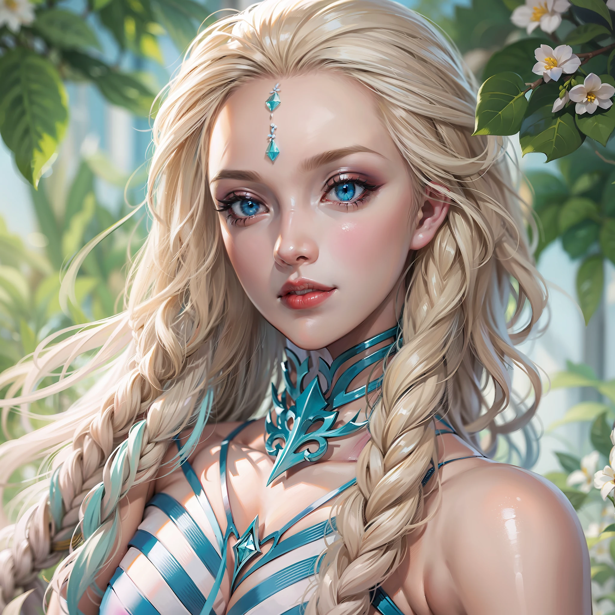 High quality art, Eladrin from dnd in her spring form, long blonde braidlem hair with blue stripes, white skin with small blue tattoes, beautiful blue eyes,