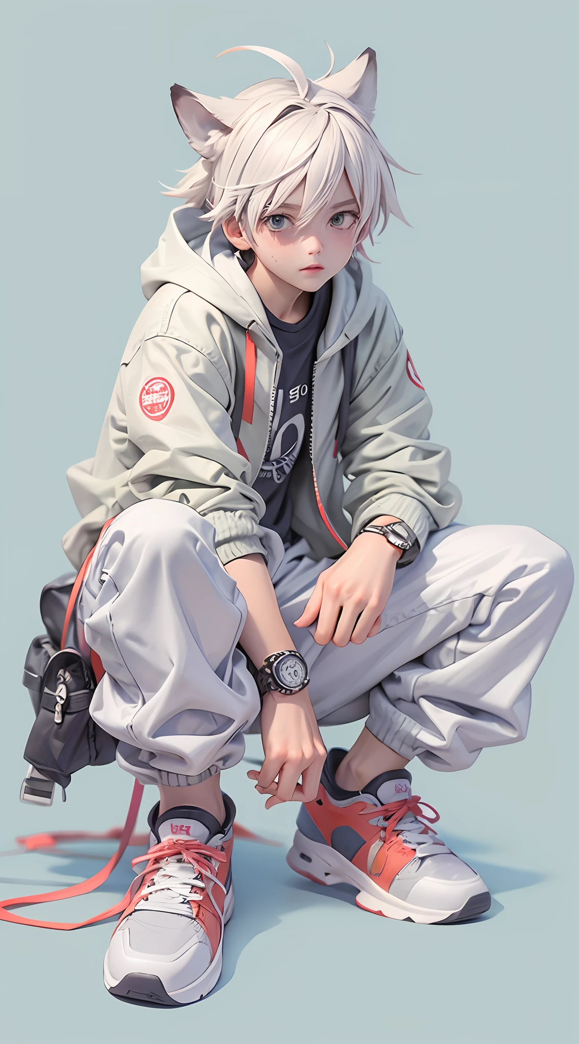 a masterpiece,Bestquality,offical art,8kwallpaper,Extremely Detailed,Illustration,1BOY,Trendy outfits,watch,sneaker shoes,squat down,Hands droop naturally,Hooded jacket,Street side,