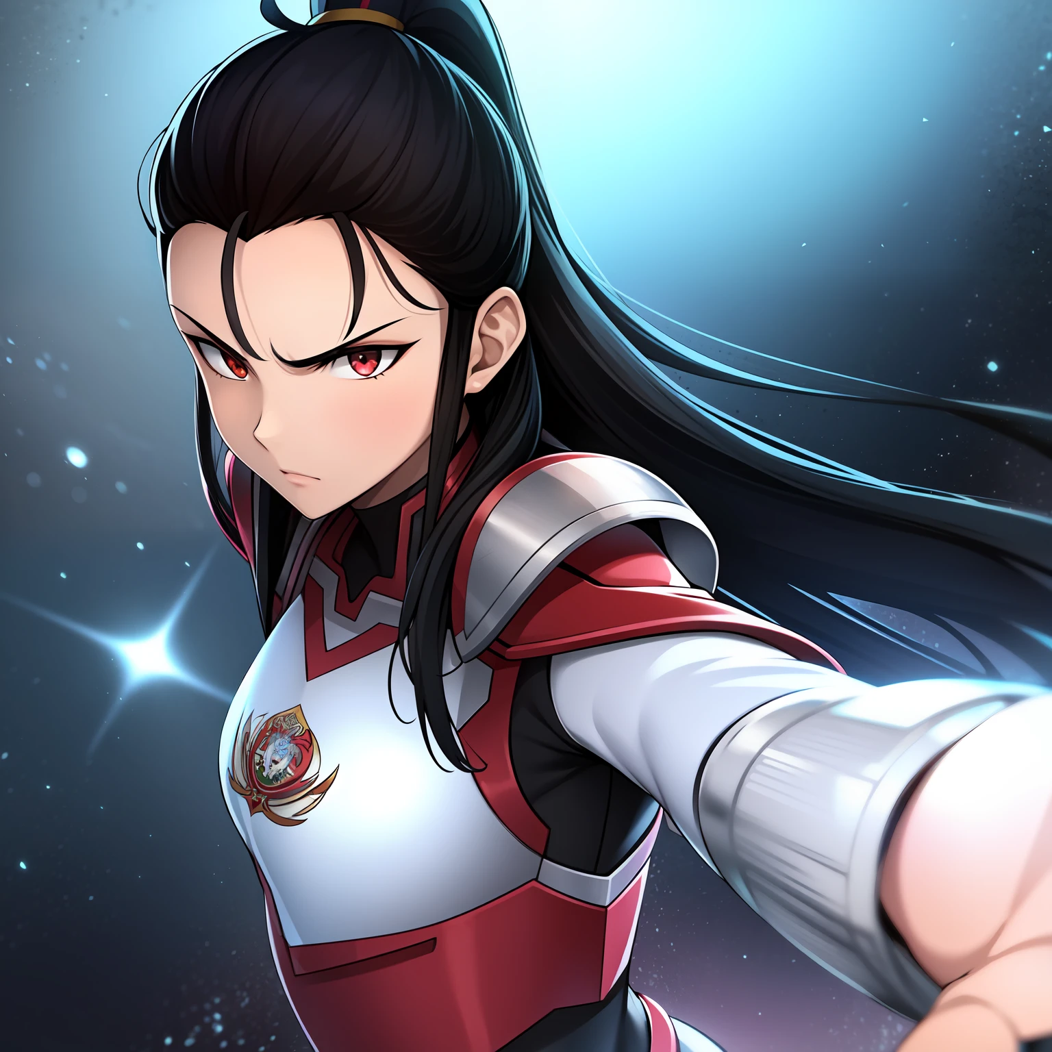 ((Arte estilo anime)), guerreira espacial feminina madura, mais velha, olhar de guerreira, 40 anos, lider militar espacial, general poderosa, cabelos longos amarrados, olhar maduro, serious look, olhos vermelhos, The character is on a space base, imagem frontal, de corpo inteiro.