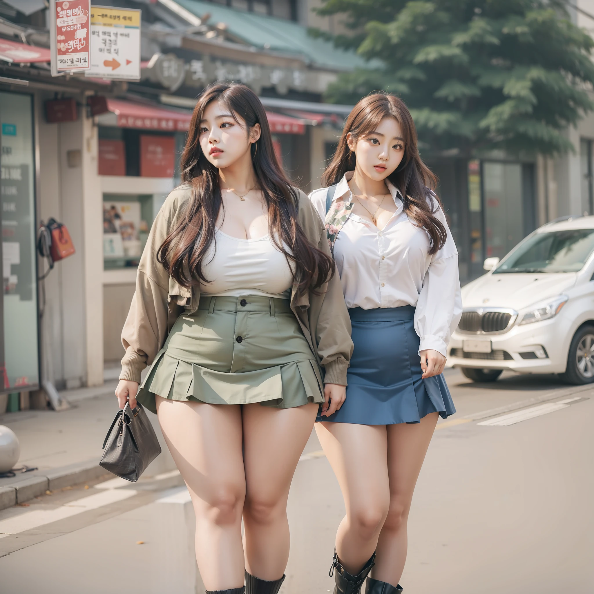 A trio of Korean female idols wearing skirts with very thick thighs and very big buttocks and very large breasts and very chubby