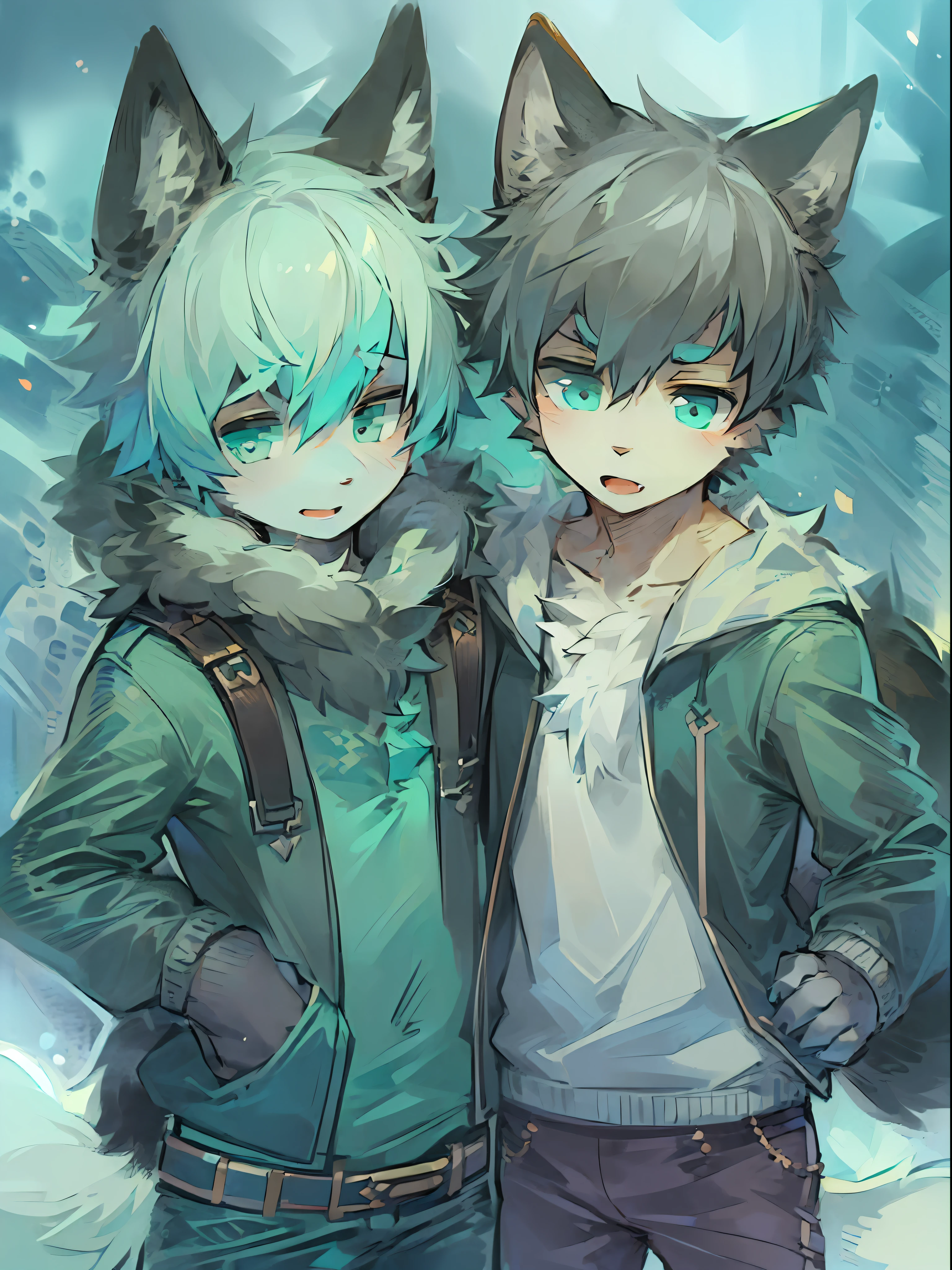 (2 boys:2), (Shota), (HD quality, masterpiece level), cute teen characters, dark gray hair, green eyes and blue eyes, (wolf ears), (wolf tail), one tail, (little boy),(hair covered ears), face camera, pinch of green and blue bangs, panorama