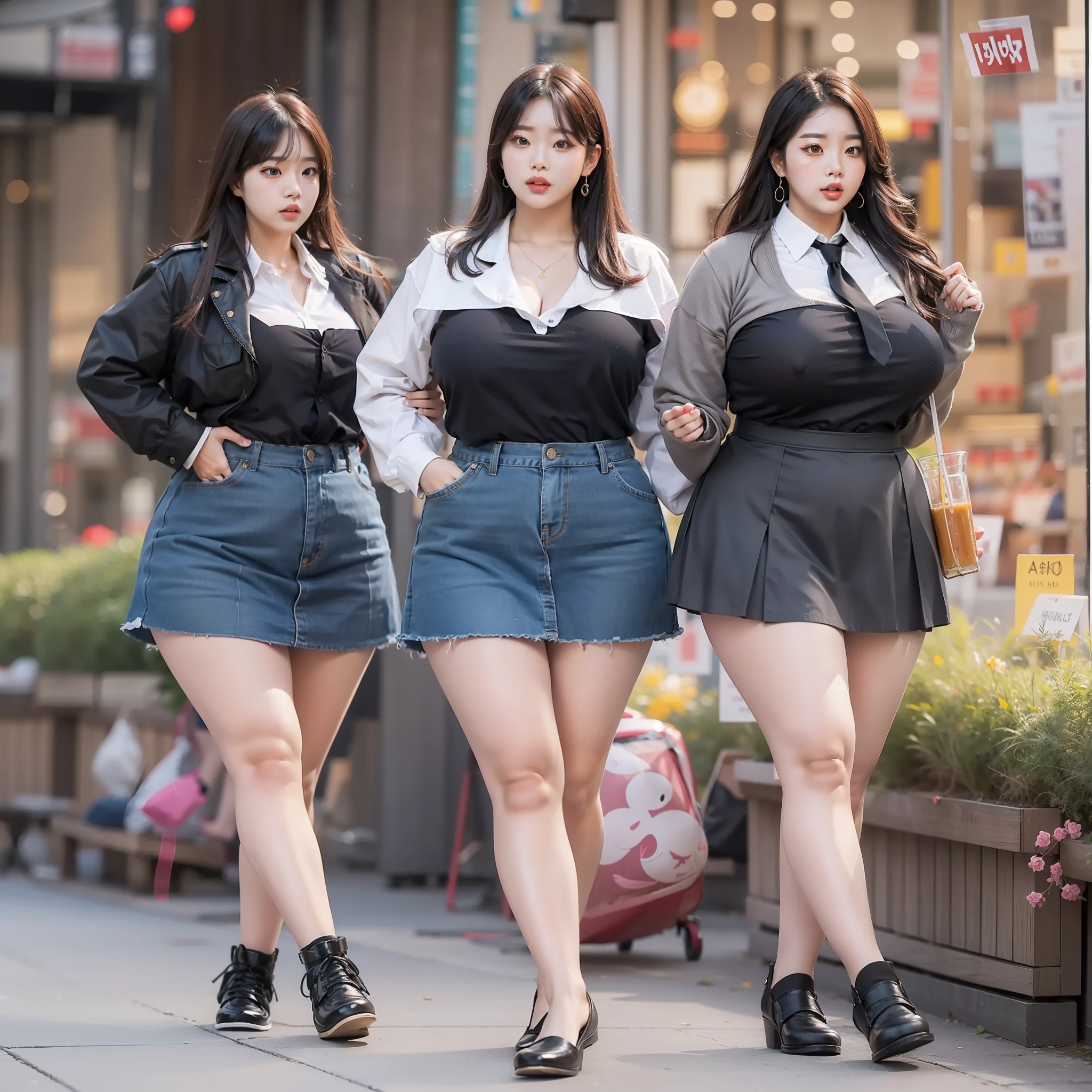 A trio of Korean female idols wearing skirts with very thick thighs and very big buttocks and very large breasts and very chubby