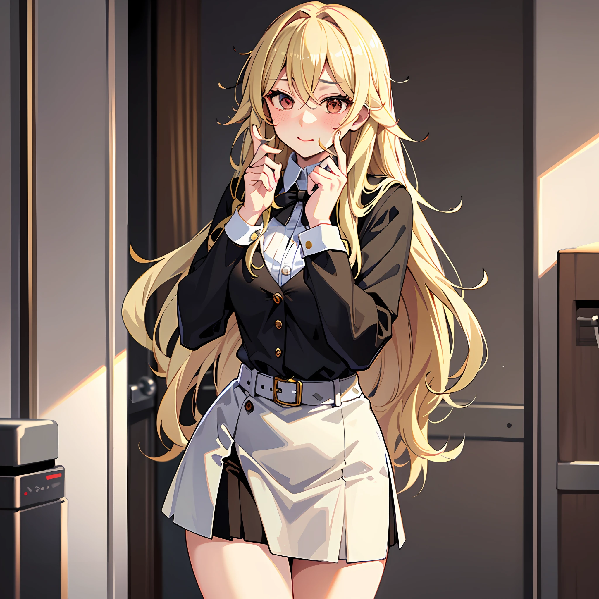 A mature woman，(Long fluffy blonde hair:1.6)，Business suit，Skirt that wraps hips，black long socks，Mature and beautiful，Rich and noble families，Stand at the bathroom door，Holding a gift box，Shy, Blush, Embarrassed, ripped apart, Ear blush, flustered, full blush，Ultra-detailed CG，Exquisite facial features，Clear facial expressions，Detailed digital anime art，Digital anime art，High quality anime art style