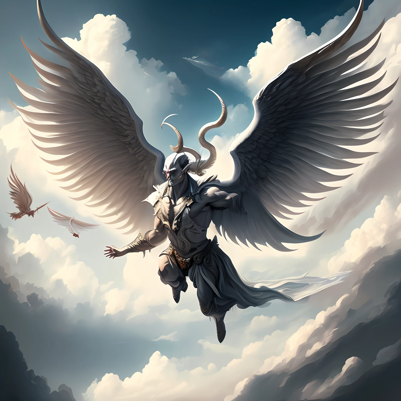 digital painting by rutkowski a horned demon with white angle wings floating between heaven and hell --auto