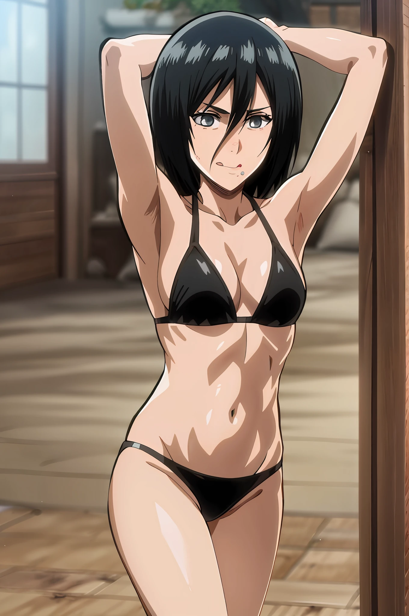 masterpiece, best quality, 1girl, looking at viewer, cute, bikini, seascape, sunlight, medium breasts, purple eyes, mikasa ackerman, black hair,perfect hair, short hair, beautiful detailed eyes, beautiful detailed glow, lots of glow, arms behind head, embarrassed, (upper body:1.4),attack on titan,perfect body,perfect mouth,arms up,latex,solo girl,1girl,cute,cowbot shot,sexsual expresion,propotional body,sexy pose,squatting,sticking her tongue out,sexsual body,beautiful eyes,beaufitul face,perfect body,perfect background,perfect mouth,perfect eyes,perfect armpit, latex,beaufitul armpit,glisten,